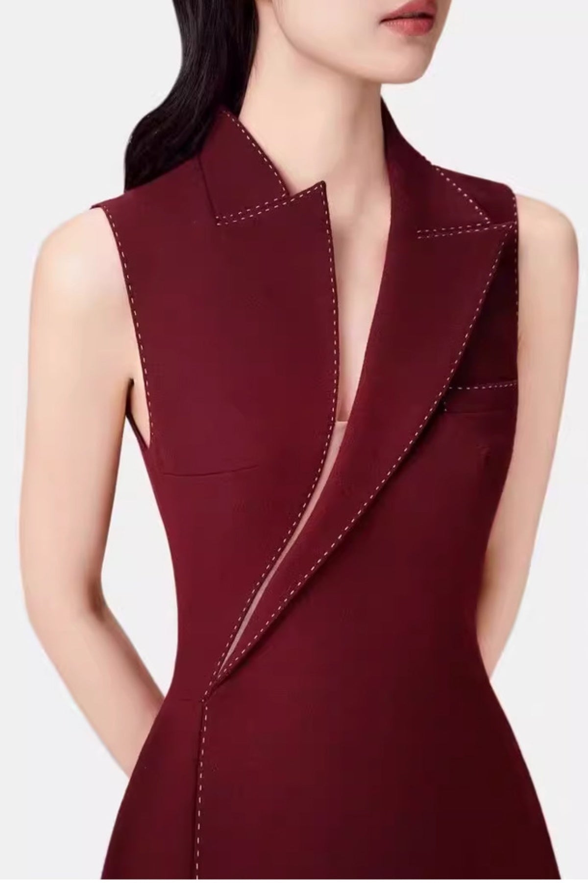 ASYMMETRIC COLLAR SLEEVELESS MIDI DRESS WINE