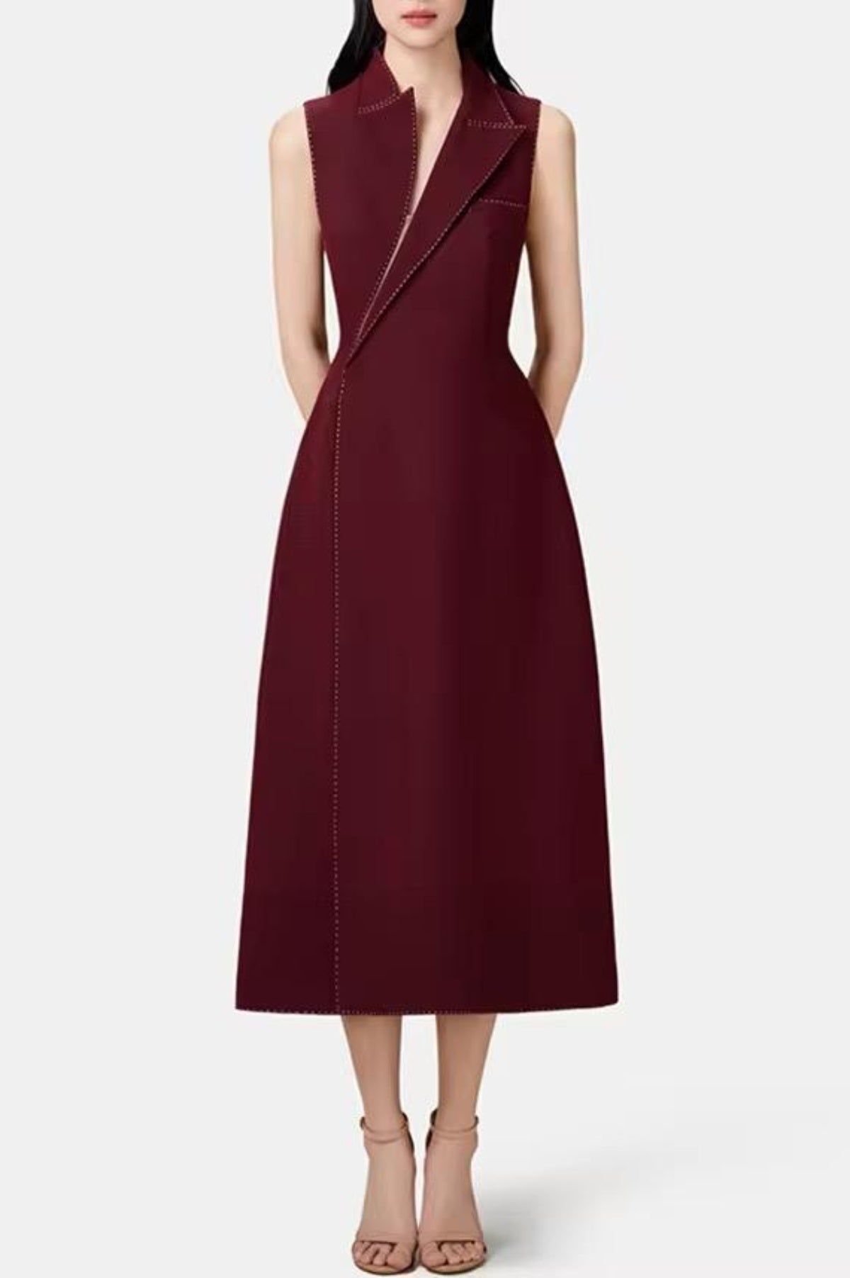 VequaAsymmetricCollarSleevelessMidiDress-Wine4 ASYMMETRIC COLLAR SLEEVELESS MIDI DRESS WINE