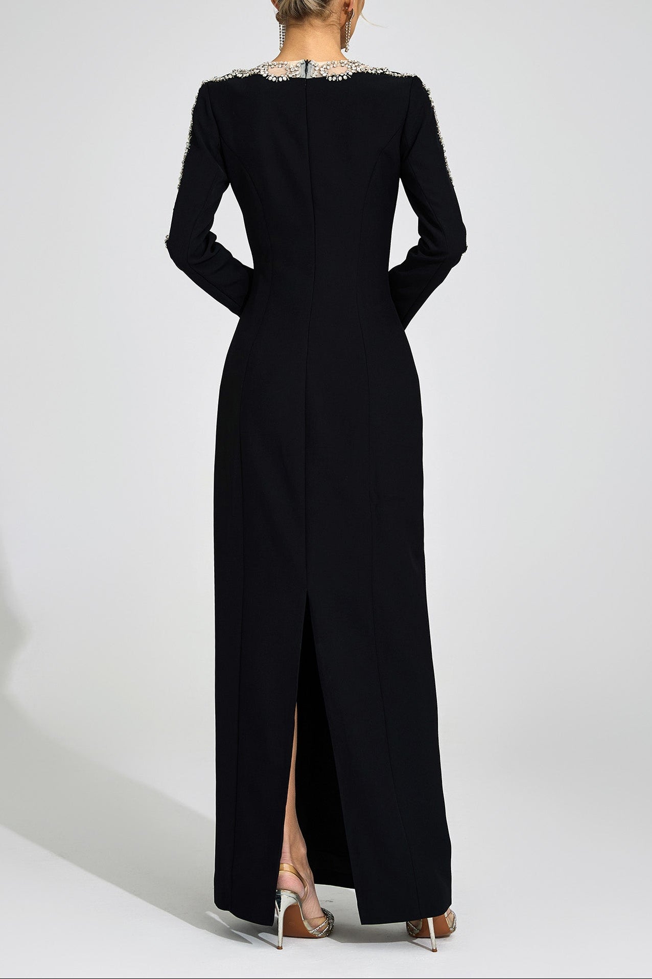 GLITTERING RHINESTONE CUTOUT MAXI DRESS - BLACK