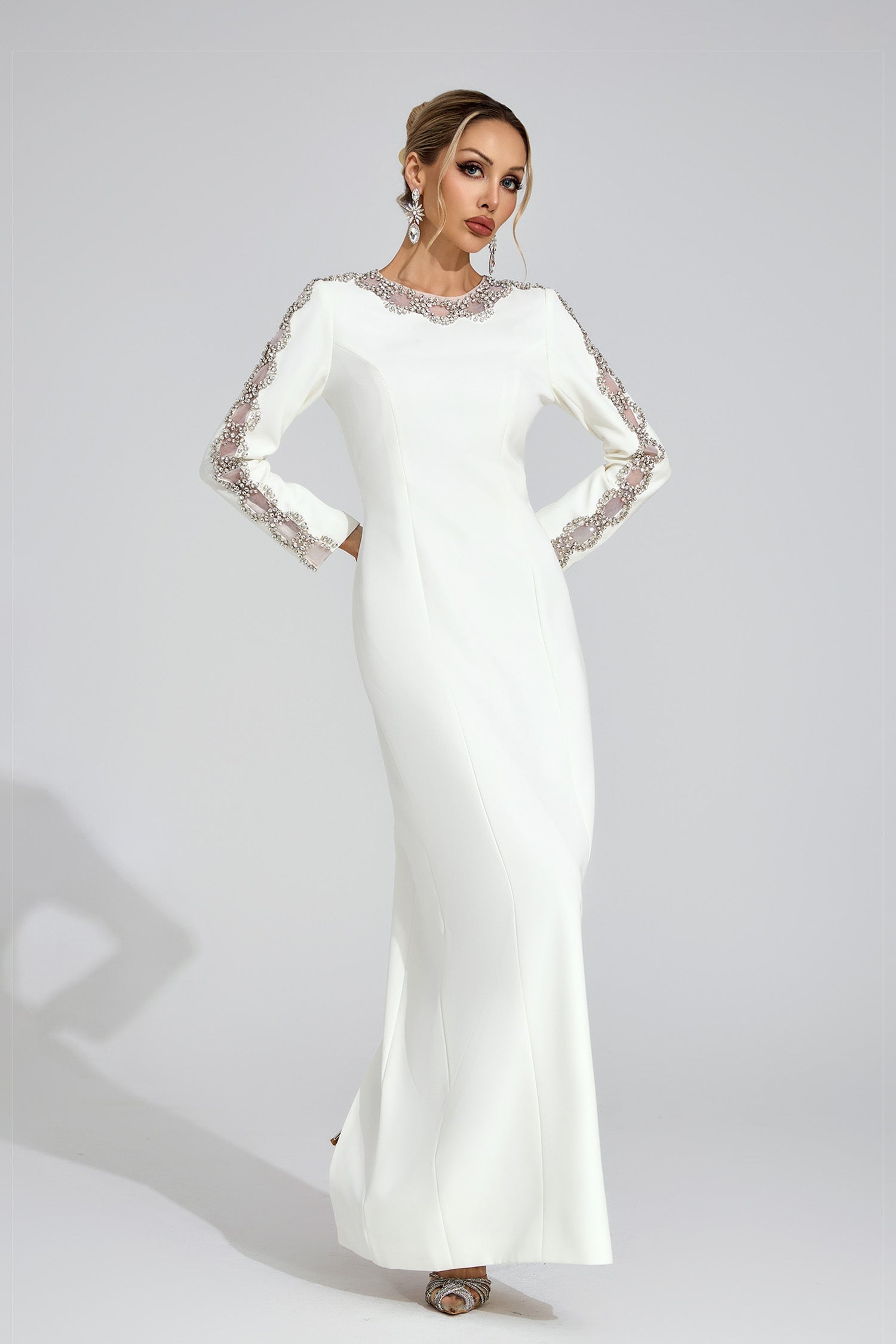 TIFFANY RHINESTONE MAXI DRESS - WHITE CUTOUT EVENING