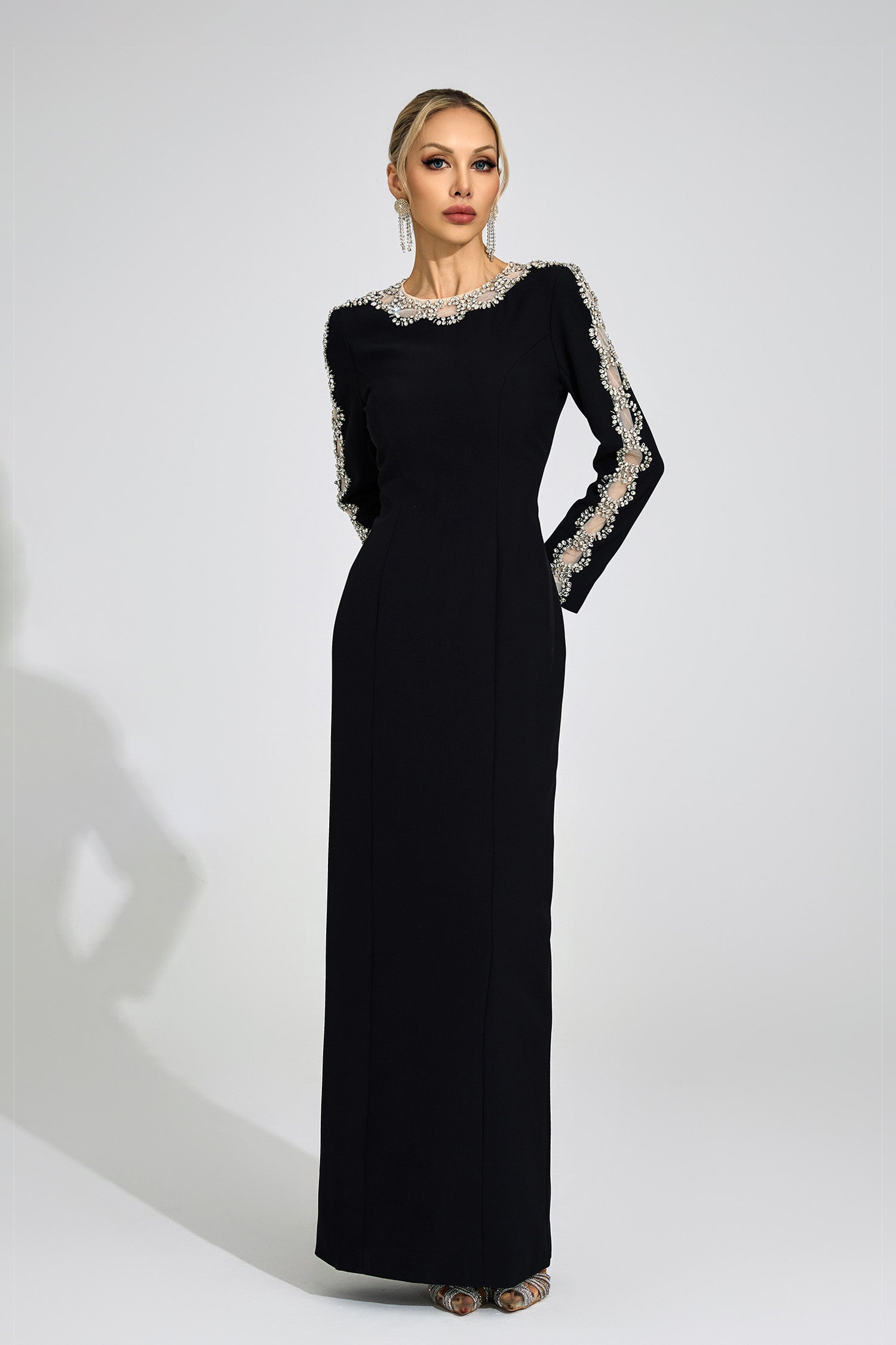 GLITTERING RHINESTONE CUTOUT MAXI DRESS - BLACK