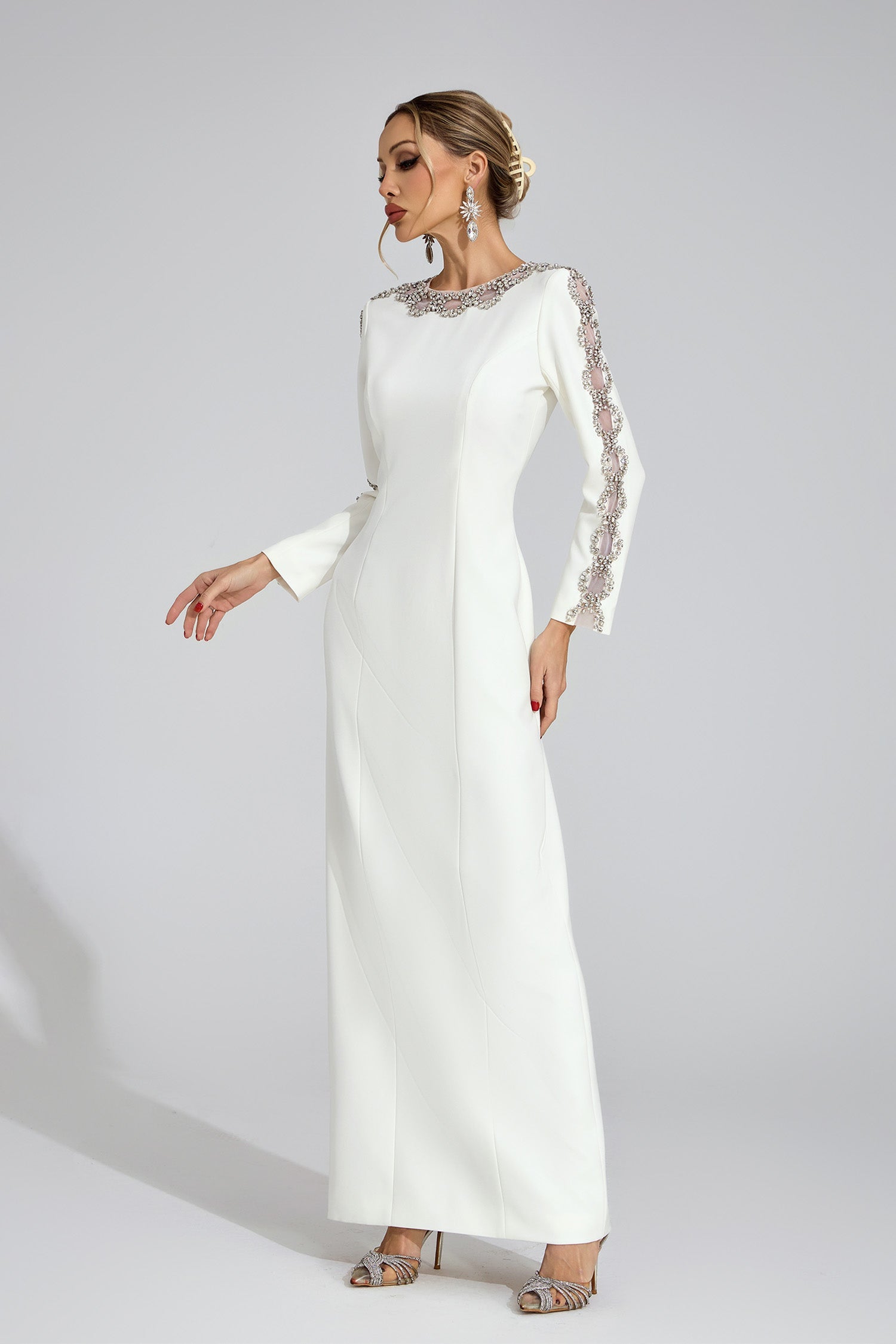 TIFFANY RHINESTONE MAXI DRESS - WHITE CUTOUT EVENING