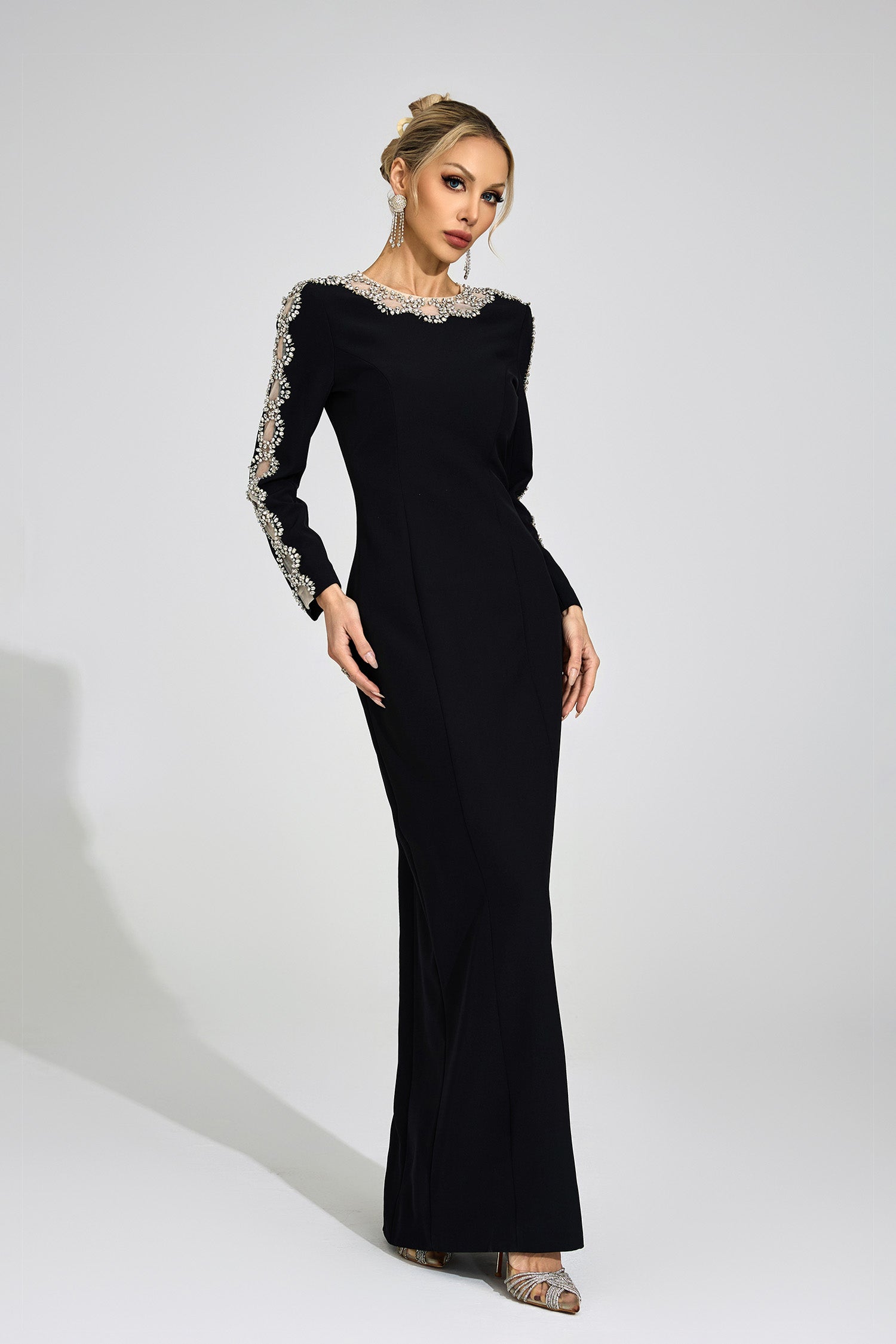 GLITTERING RHINESTONE CUTOUT MAXI DRESS - BLACK