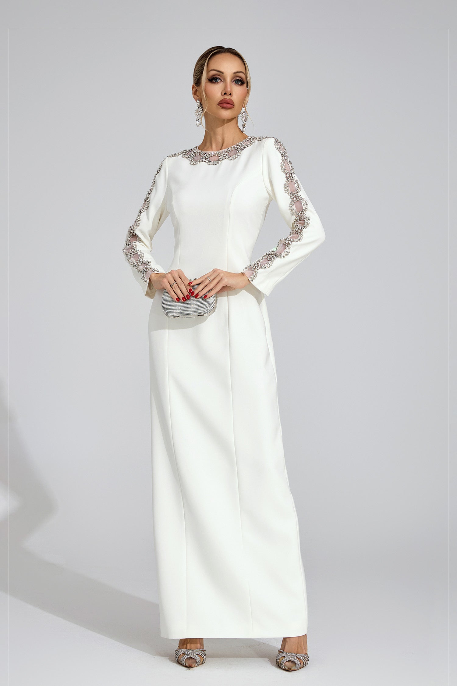 TIFFANY RHINESTONE MAXI DRESS - WHITE CUTOUT EVENING