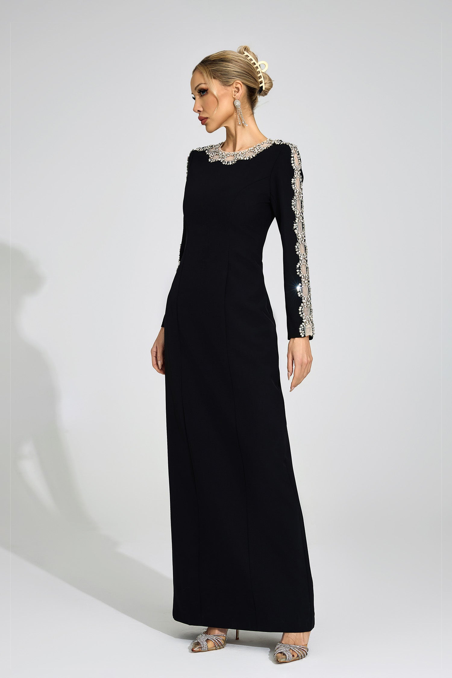 GLITTERING RHINESTONE CUTOUT MAXI DRESS - BLACK