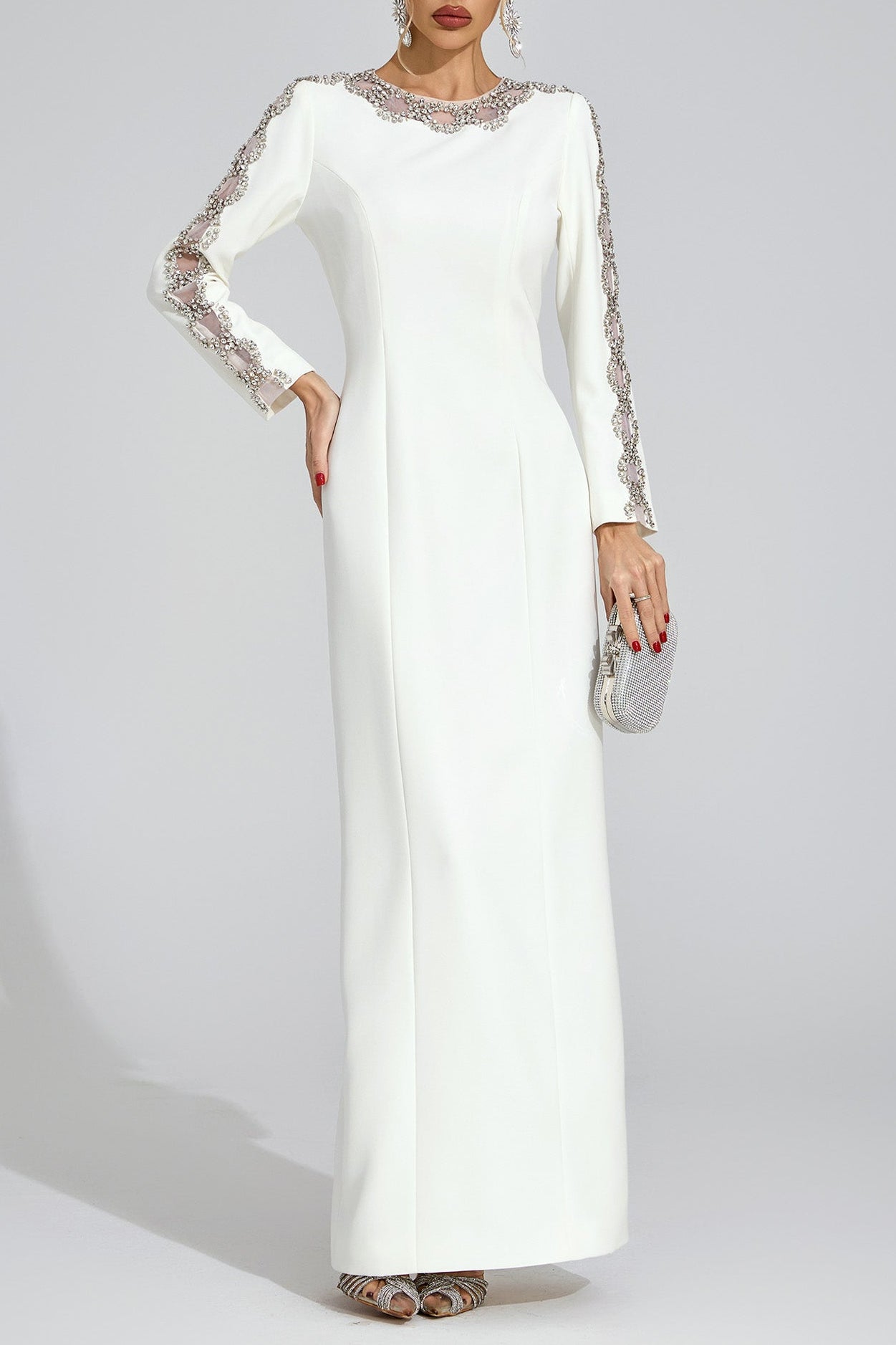 Vex-Thorn-_5 TIFFANY RHINESTONE MAXI DRESS - WHITE CUTOUT EVENING