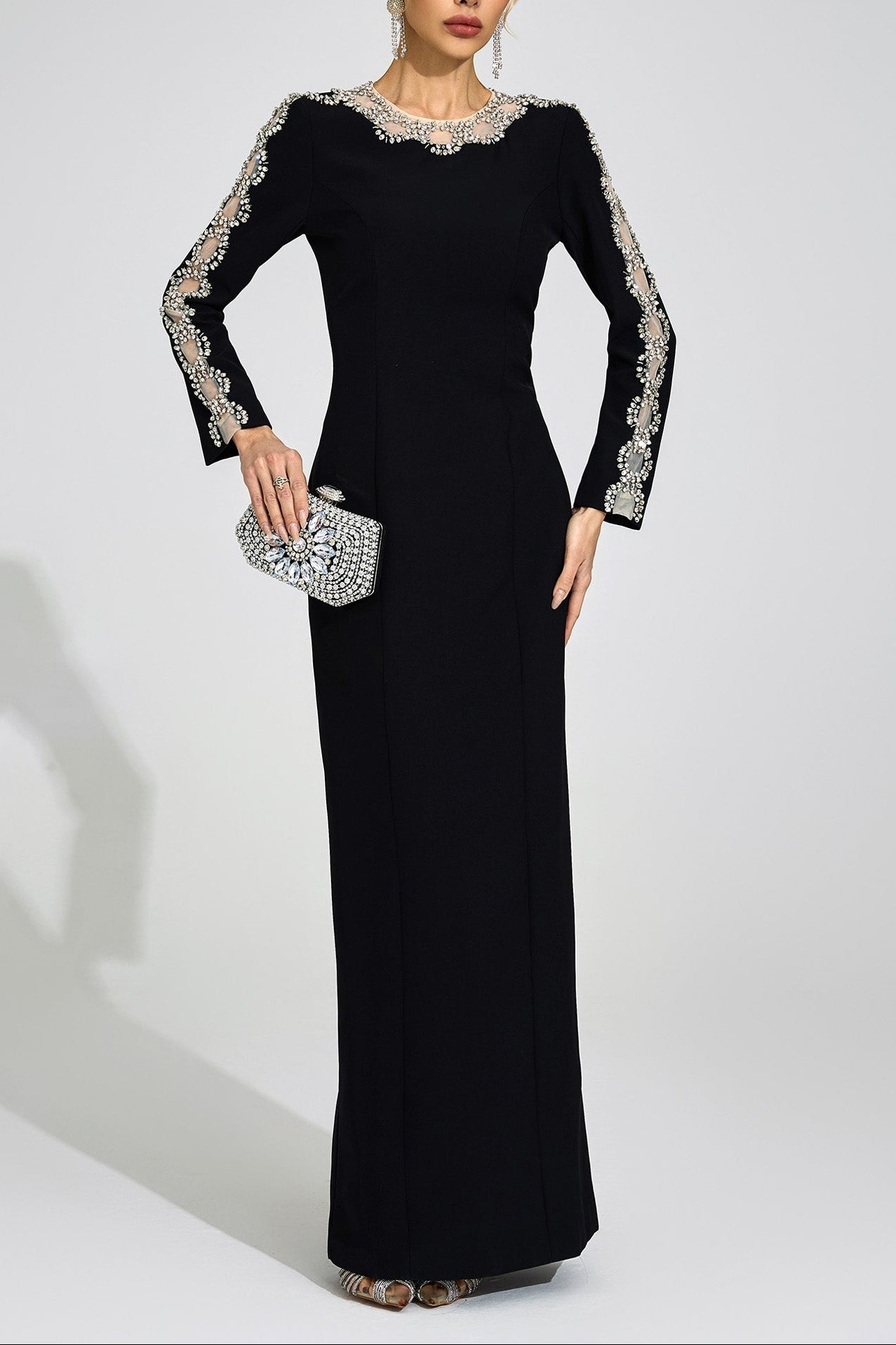 Vex-Thorn-_5_-0 GLITTERING RHINESTONE CUTOUT MAXI DRESS - BLACK