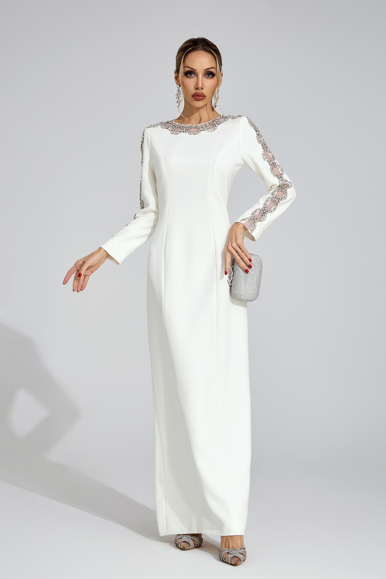 TIFFANY RHINESTONE MAXI DRESS - WHITE CUTOUT EVENING