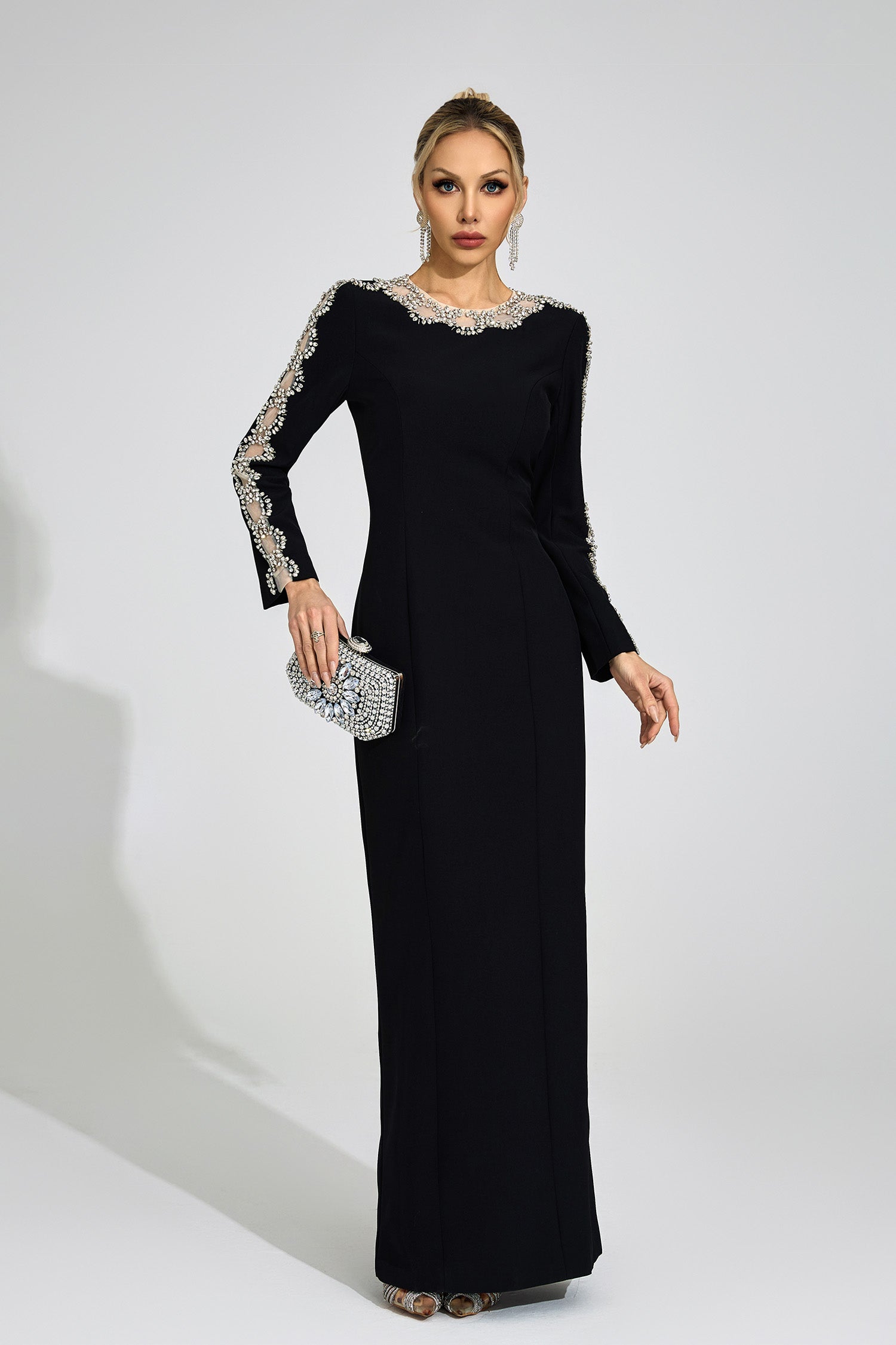 GLITTERING RHINESTONE CUTOUT MAXI DRESS - BLACK