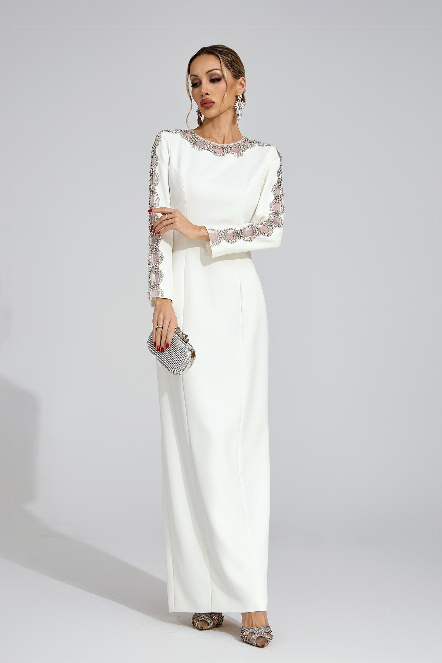TIFFANY RHINESTONE MAXI DRESS - WHITE CUTOUT EVENING