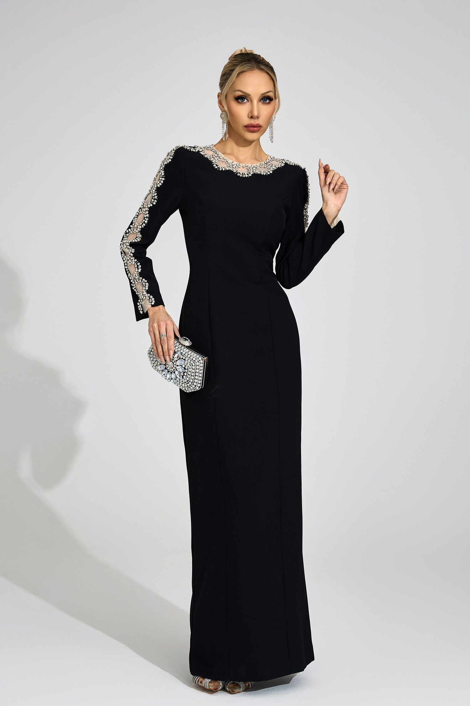 GLITTERING RHINESTONE CUTOUT MAXI DRESS - BLACK