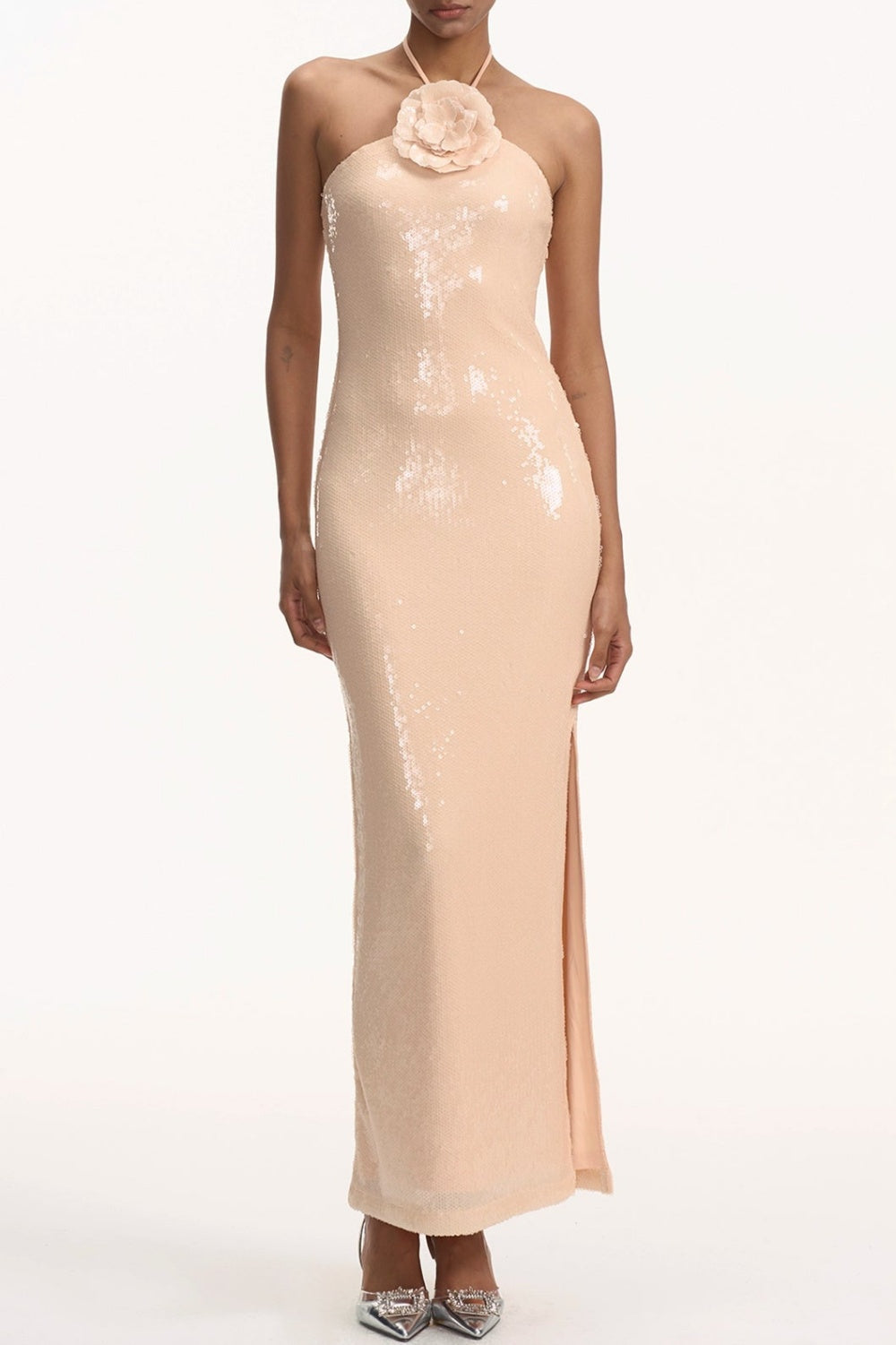 VIDONIA HALTER SEQUIN MAXI DRESS - NUDE