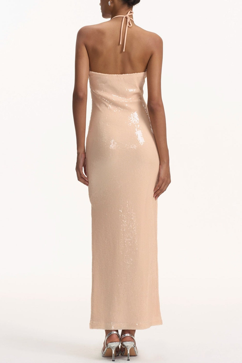 VIDONIA HALTER SEQUIN MAXI DRESS - NUDE