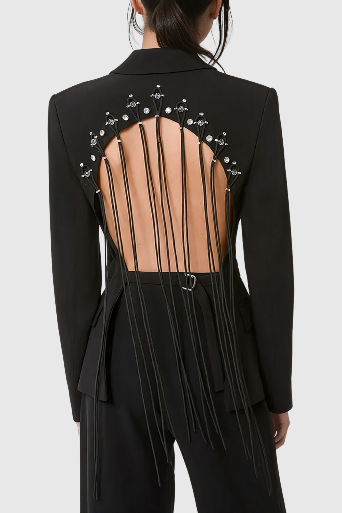 BLACK BACKLESS FRINGE BLAZER, PARTY HOLLOW VENUE