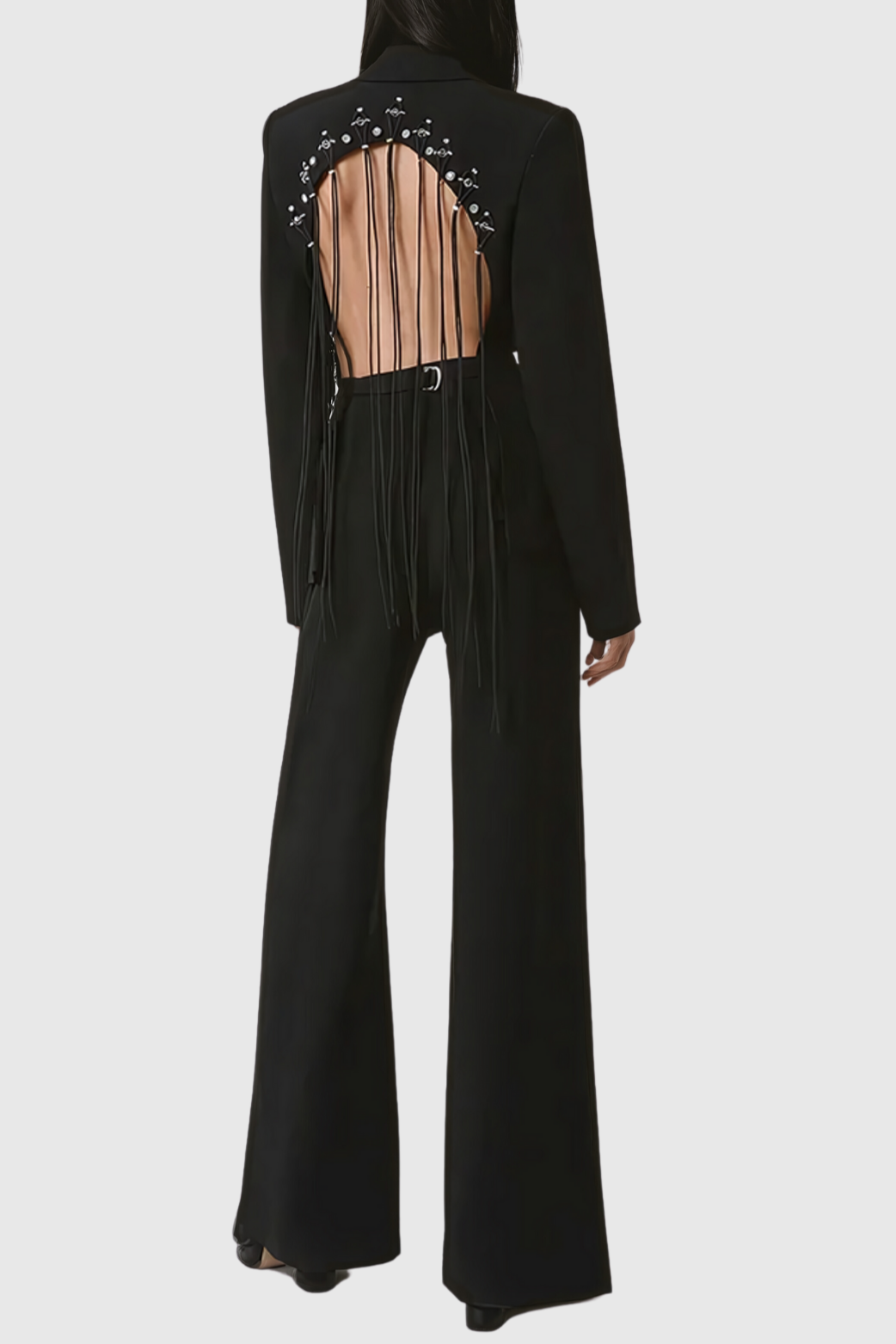 BLACK BACKLESS FRINGE BLAZER, PARTY HOLLOW VENUE