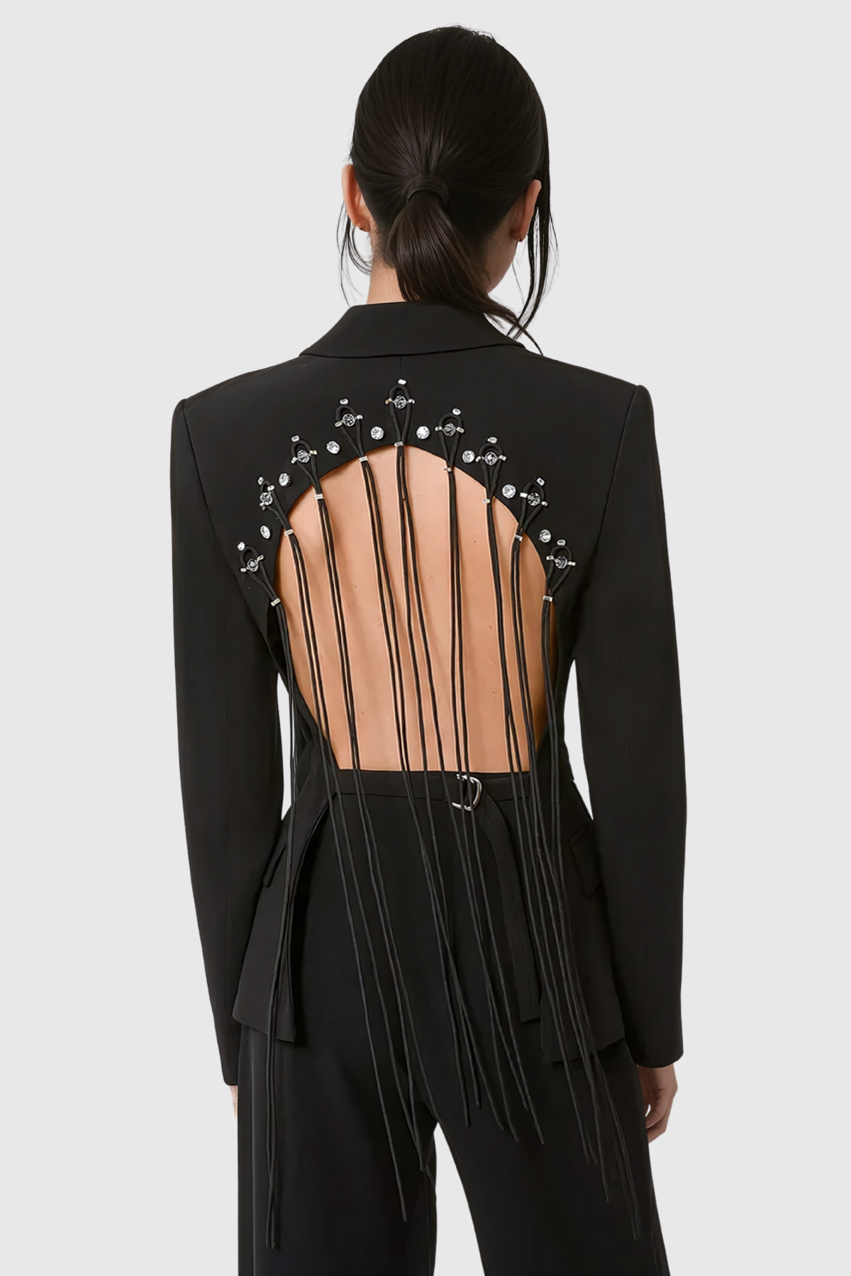 BLACK BACKLESS FRINGE BLAZER, PARTY HOLLOW VENUE