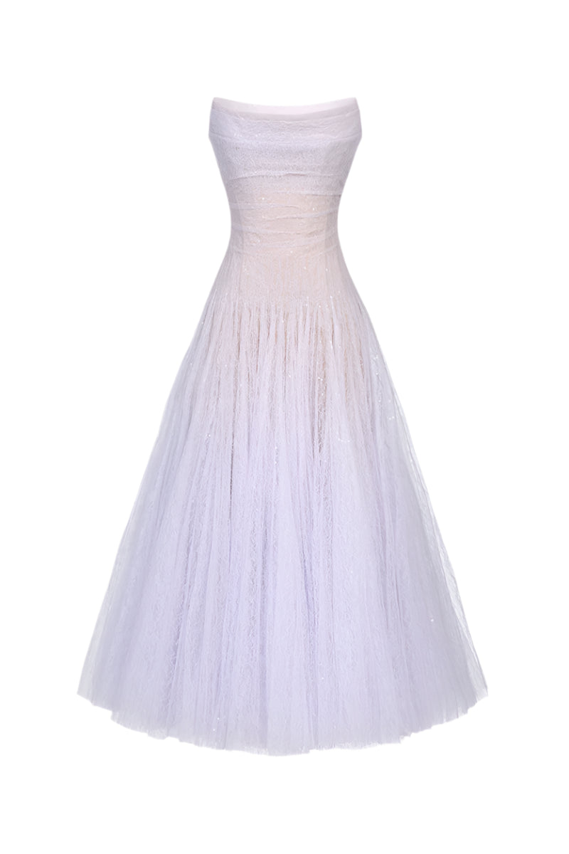 VIOLET DRAPED LACE MIDI DRESS FOR COCKTAIL PARTY