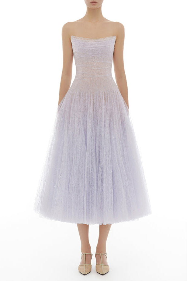 VIOLET DRAPED LACE MIDI DRESS FOR COCKTAIL PARTY