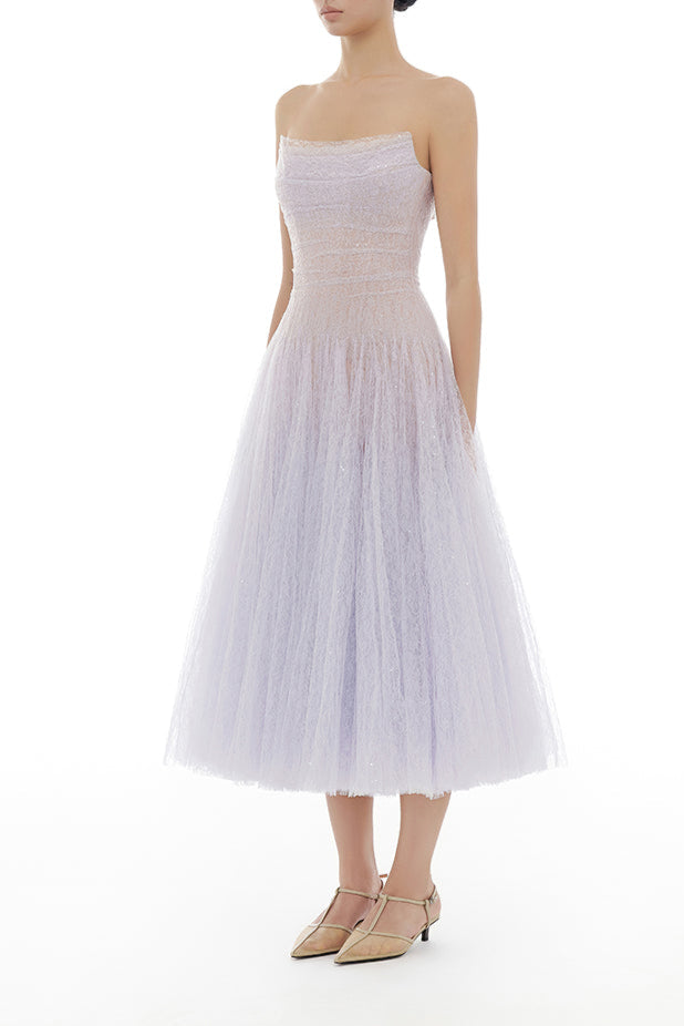 VIOLET DRAPED LACE MIDI DRESS FOR COCKTAIL PARTY
