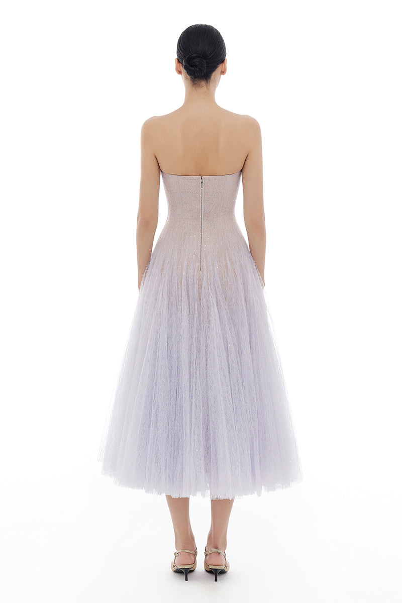VIOLET DRAPED LACE MIDI DRESS FOR COCKTAIL PARTY