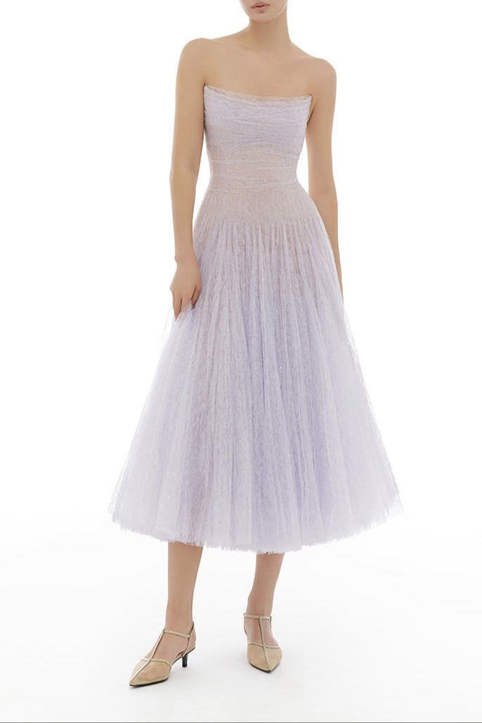 VIOLET DRAPED LACE MIDI DRESS FOR COCKTAIL PARTY