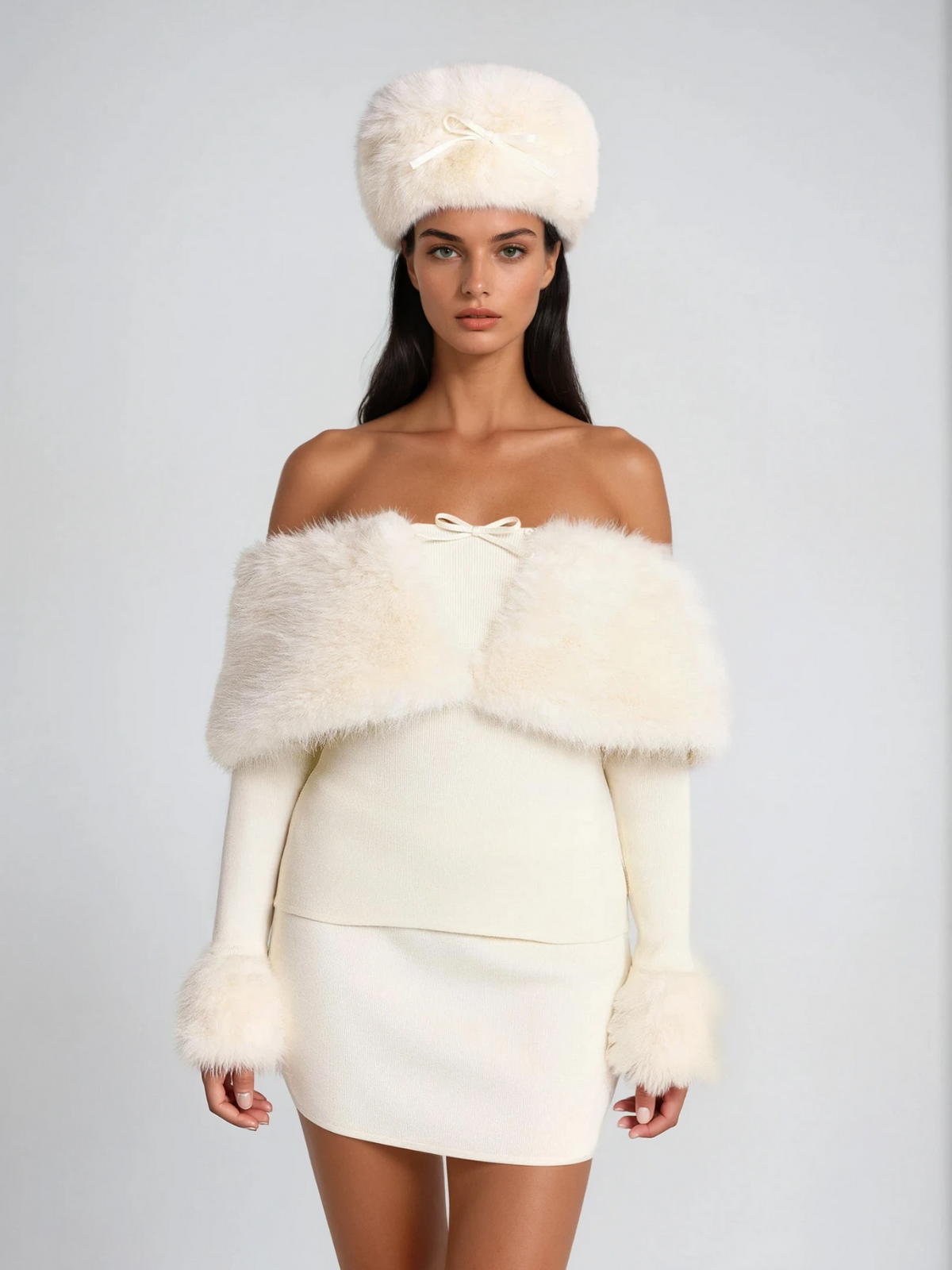 SHERRY OFF-SHOULDER FURRY SKIRT SET FOR PARTY