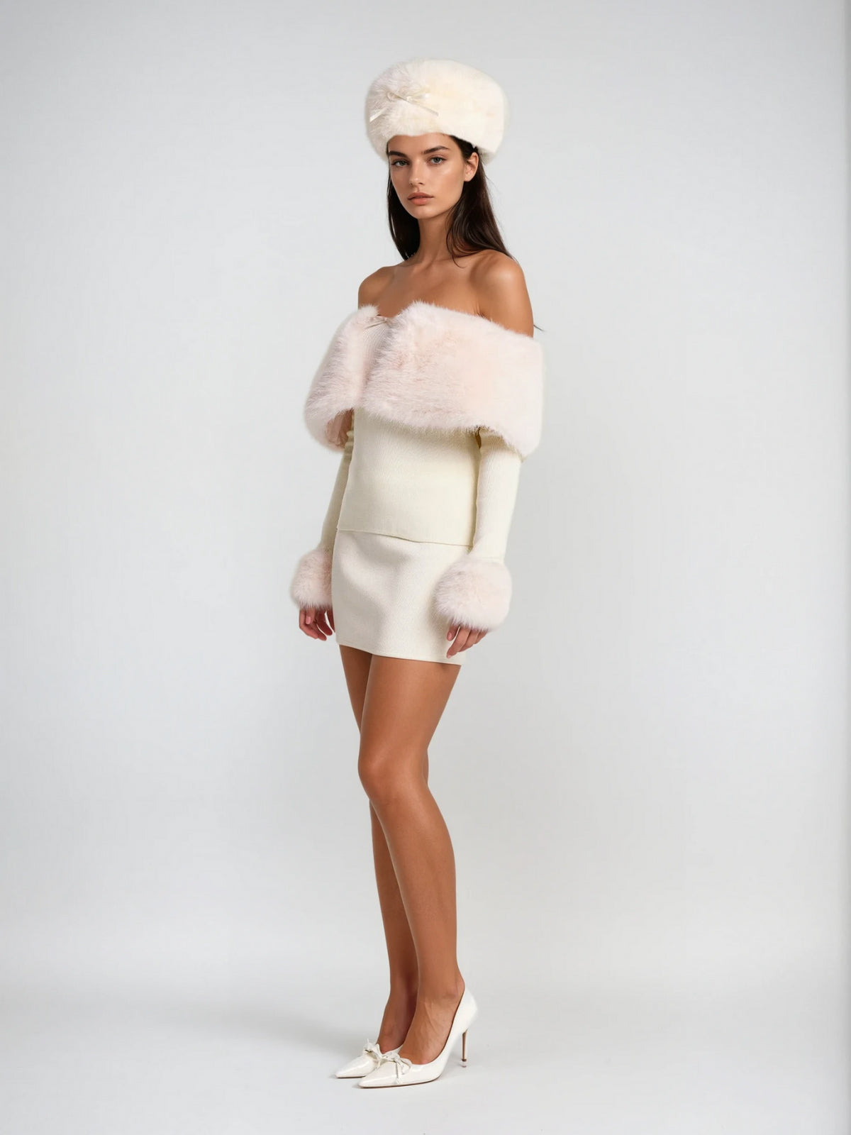 SHERRY OFF-SHOULDER FURRY SKIRT SET FOR PARTY