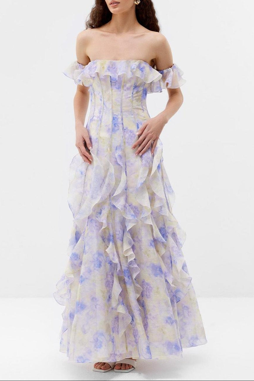 HELEN FLORAL FRILL OFF-SHOULDER MAXI DRESS BLUE