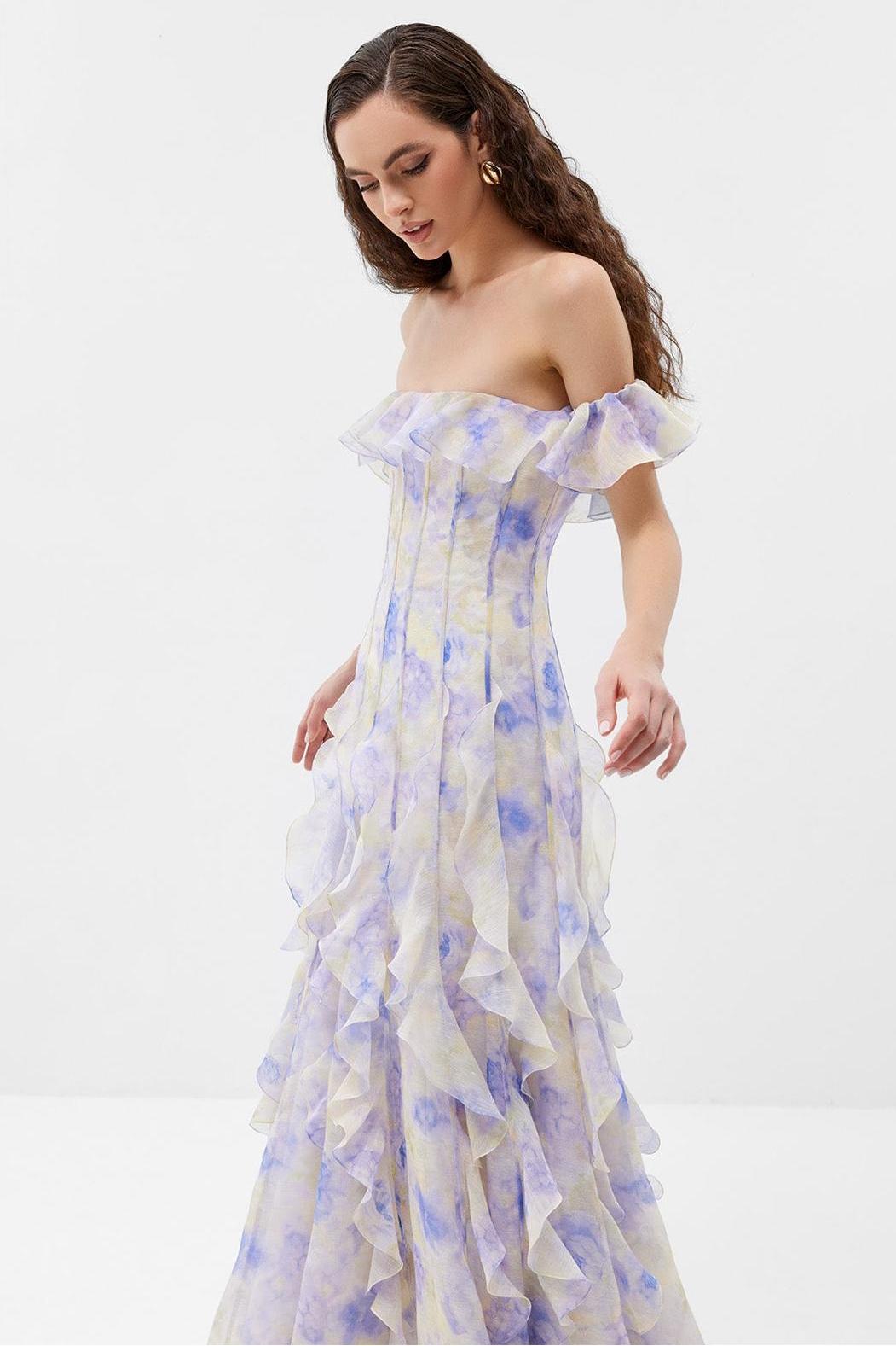 HELEN FLORAL FRILL OFF-SHOULDER MAXI DRESS BLUE