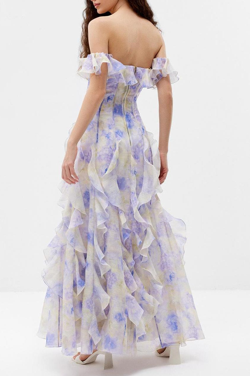 HELEN FLORAL FRILL OFF-SHOULDER MAXI DRESS BLUE