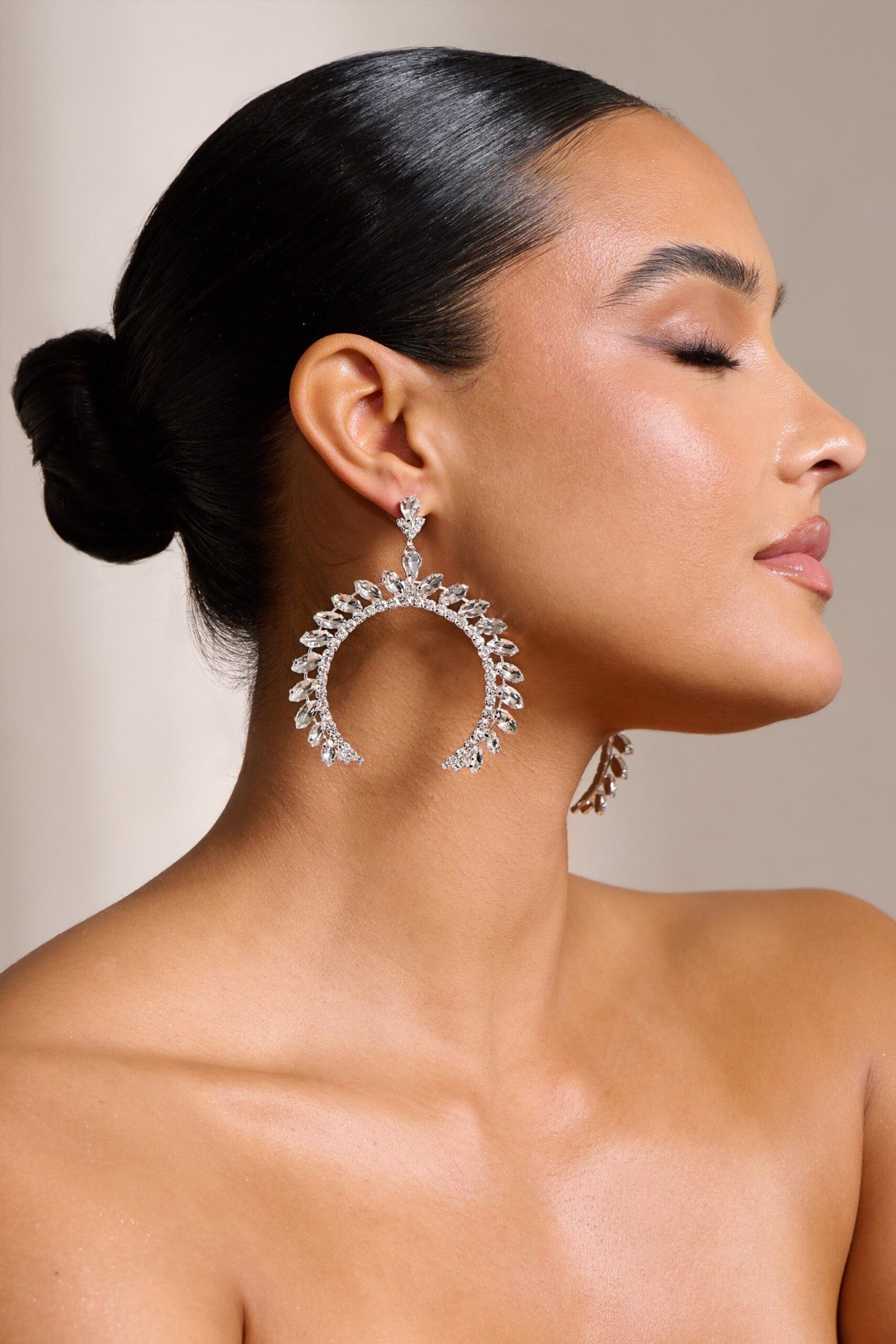 ARCHED CRYSTAL DROP EARRINGS, SILVER STATEMENT JEWELRY