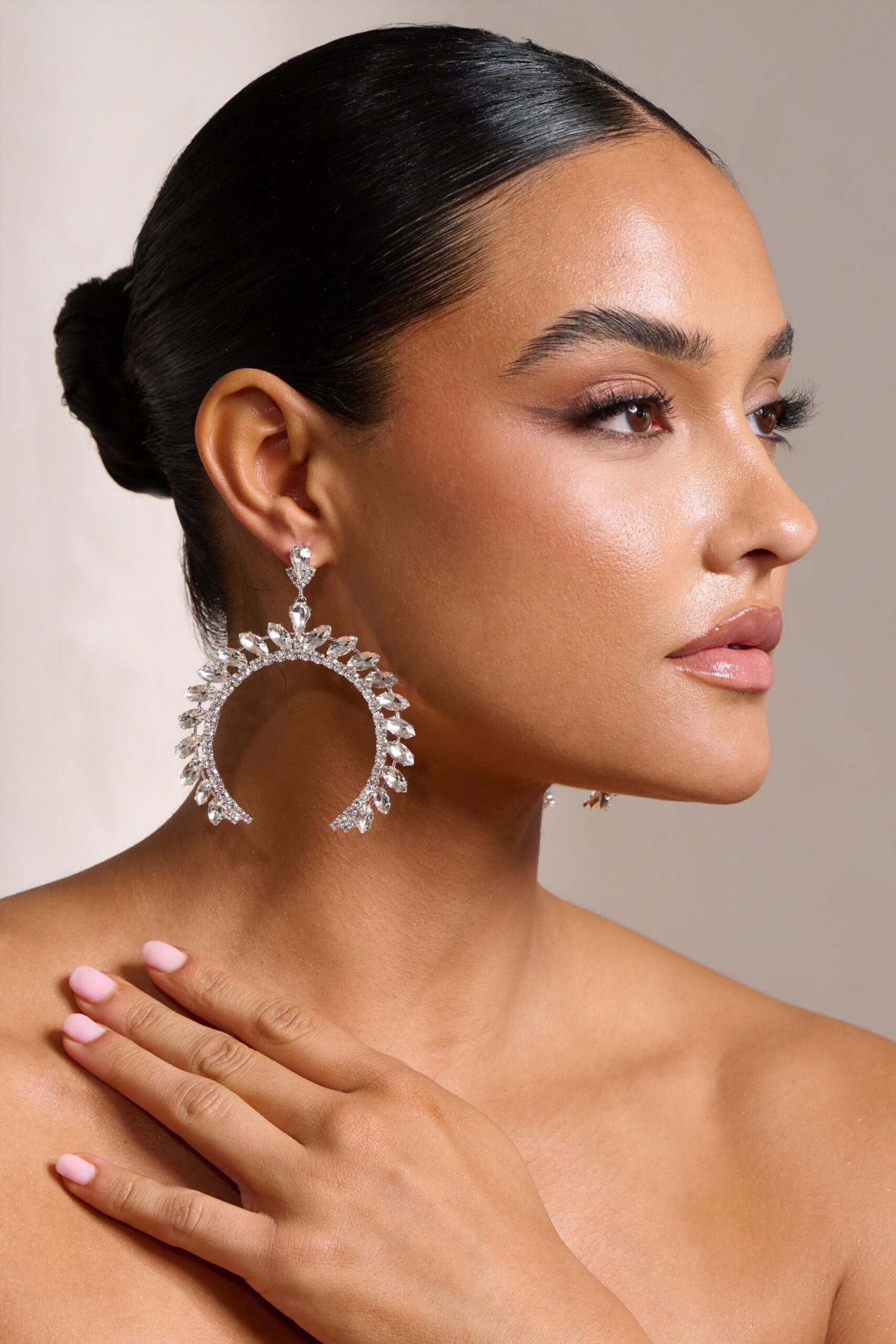 ARCHED CRYSTAL DROP EARRINGS, SILVER STATEMENT JEWELRY