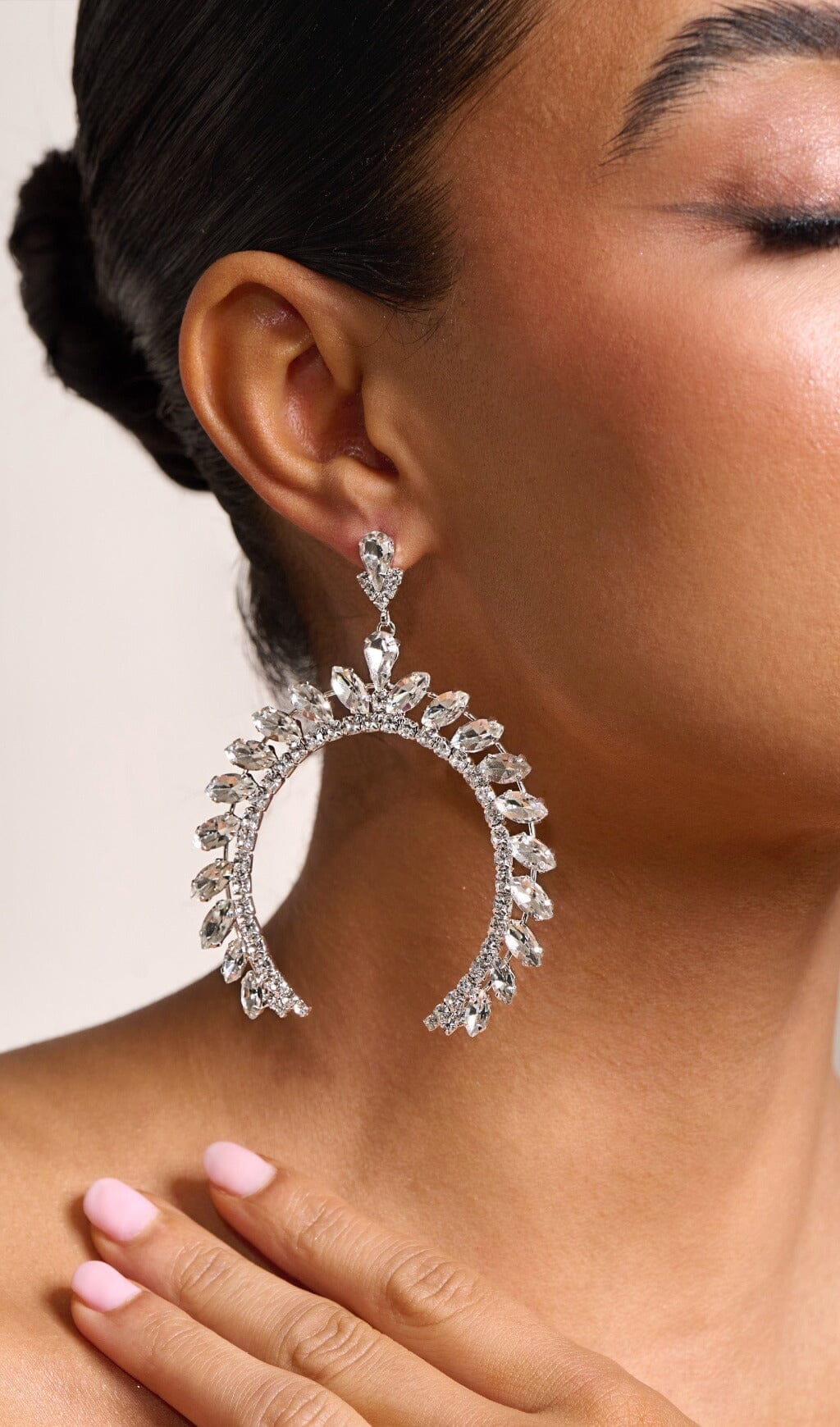 ARCHED CRYSTAL DROP EARRINGS, SILVER STATEMENT JEWELRY
