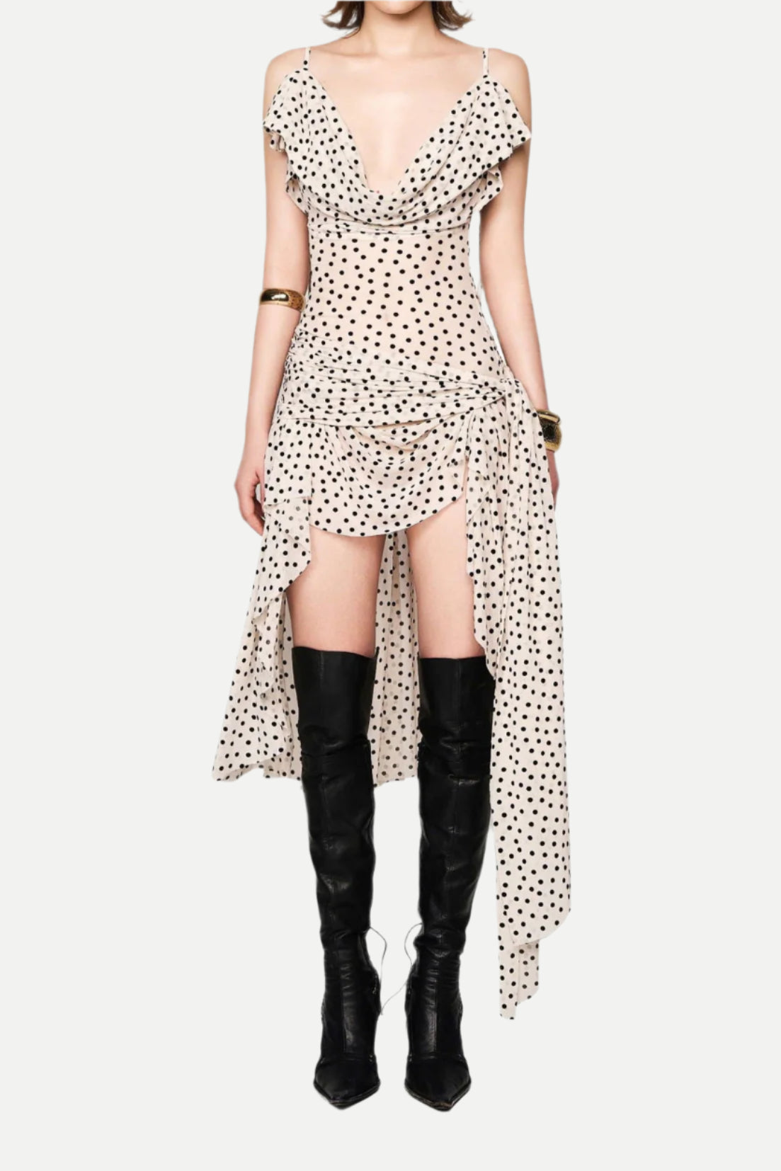 WILDER-DRESS-1 POLKA DOT SLEEVELESS IRREGULAR HEM MIDI DRESS APRICOT