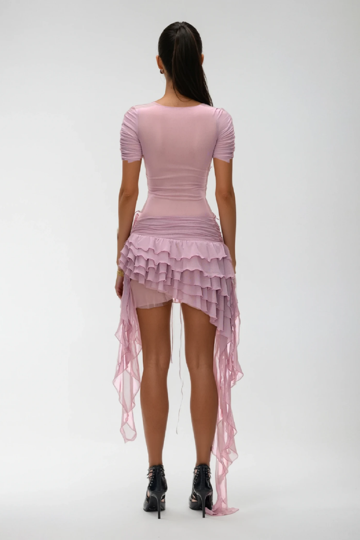 ASYMMETRIC LACE UP PLUNGE RUFFLE MINI DRESS