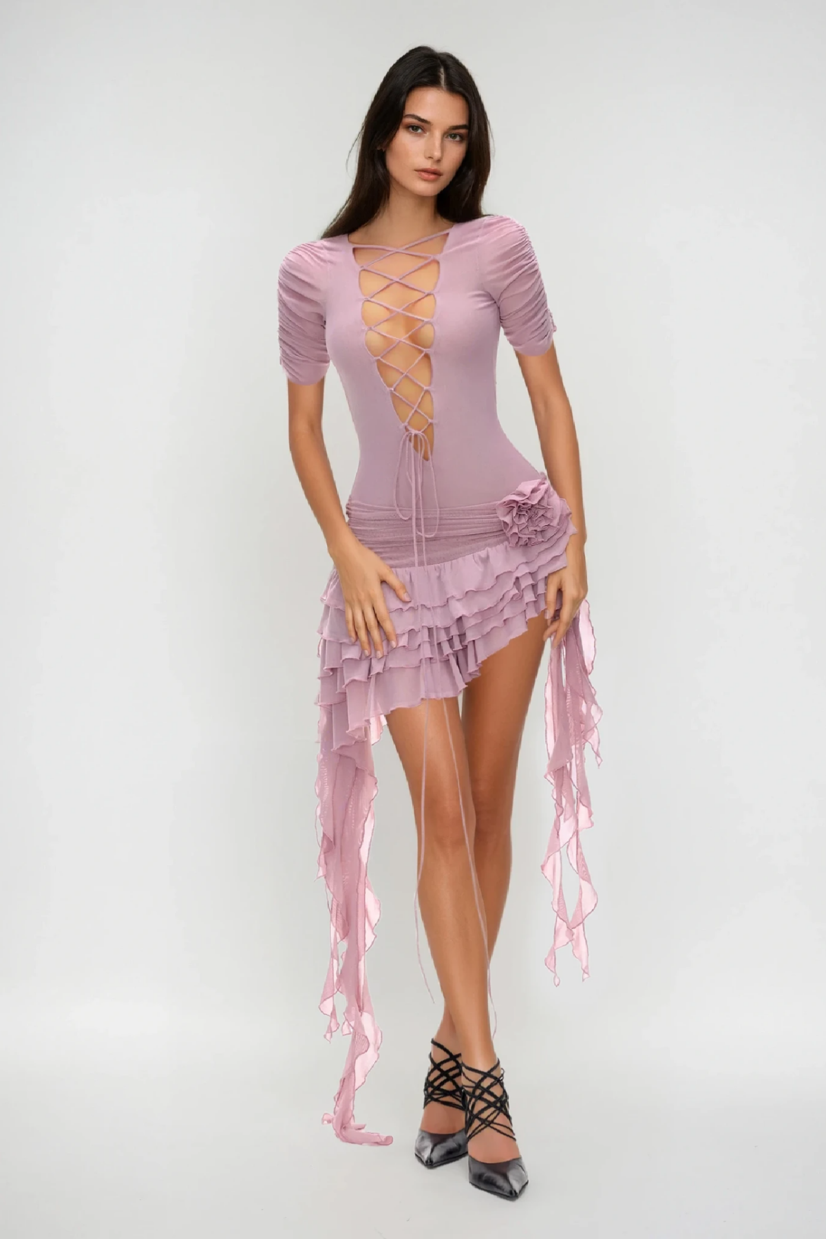 ASYMMETRIC LACE UP PLUNGE RUFFLE MINI DRESS
