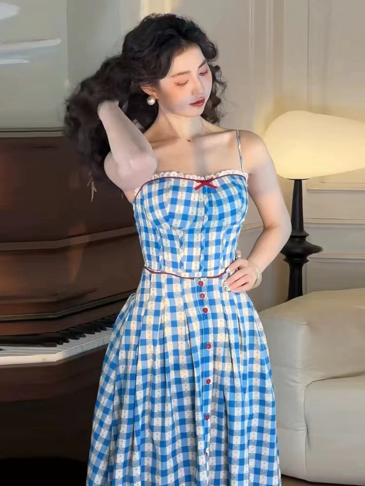 VIRGINIA BLUE PLAID STRAP MAXI DRESS
