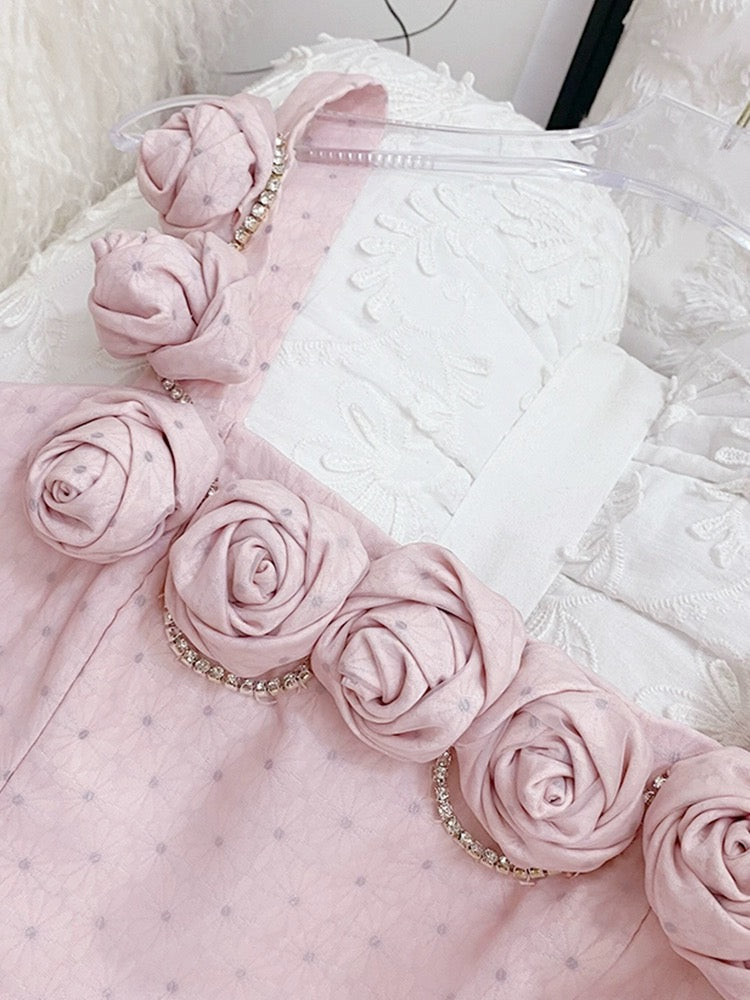 RHINESTONE ROSE APPLIQUE PINK MINI PARTY DRESS