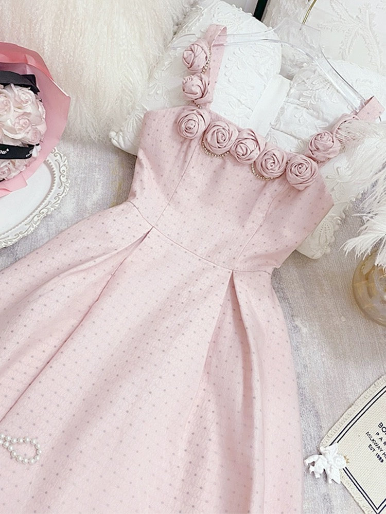 RHINESTONE ROSE APPLIQUE PINK MINI PARTY DRESS