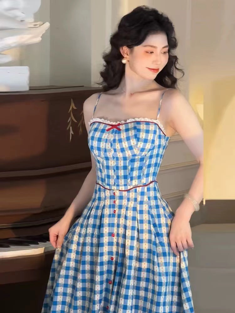 VIRGINIA BLUE PLAID STRAP MAXI DRESS