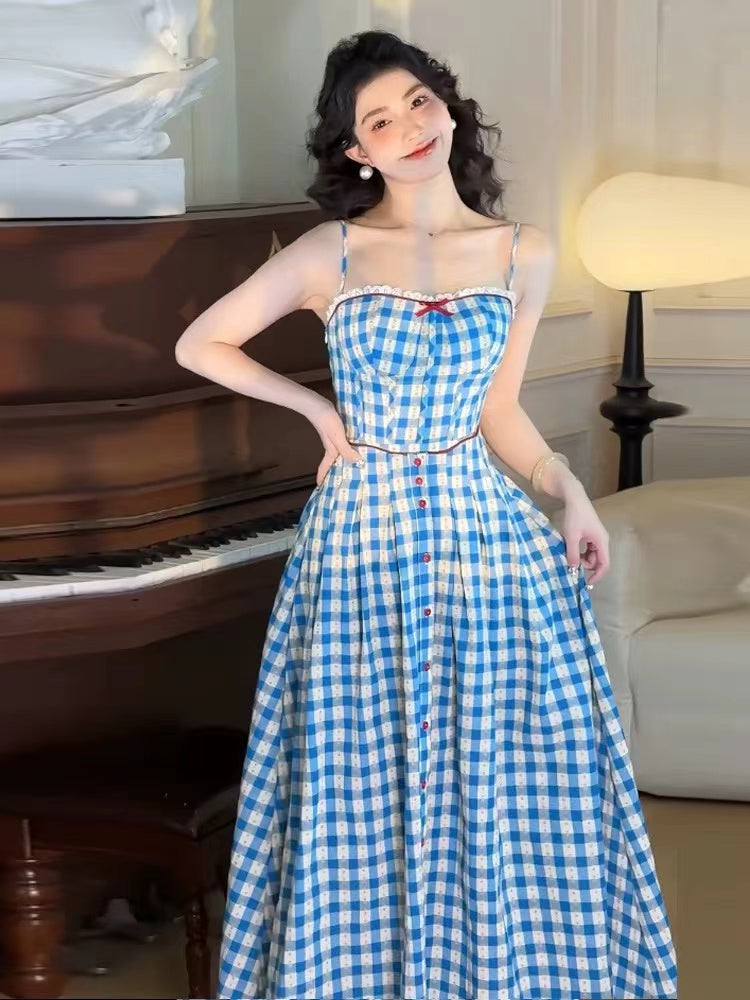 VIRGINIA BLUE PLAID STRAP MAXI DRESS