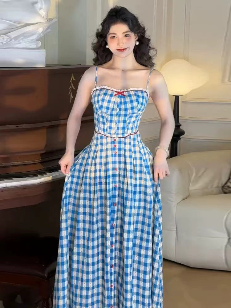 VIRGINIA BLUE PLAID STRAP MAXI DRESS