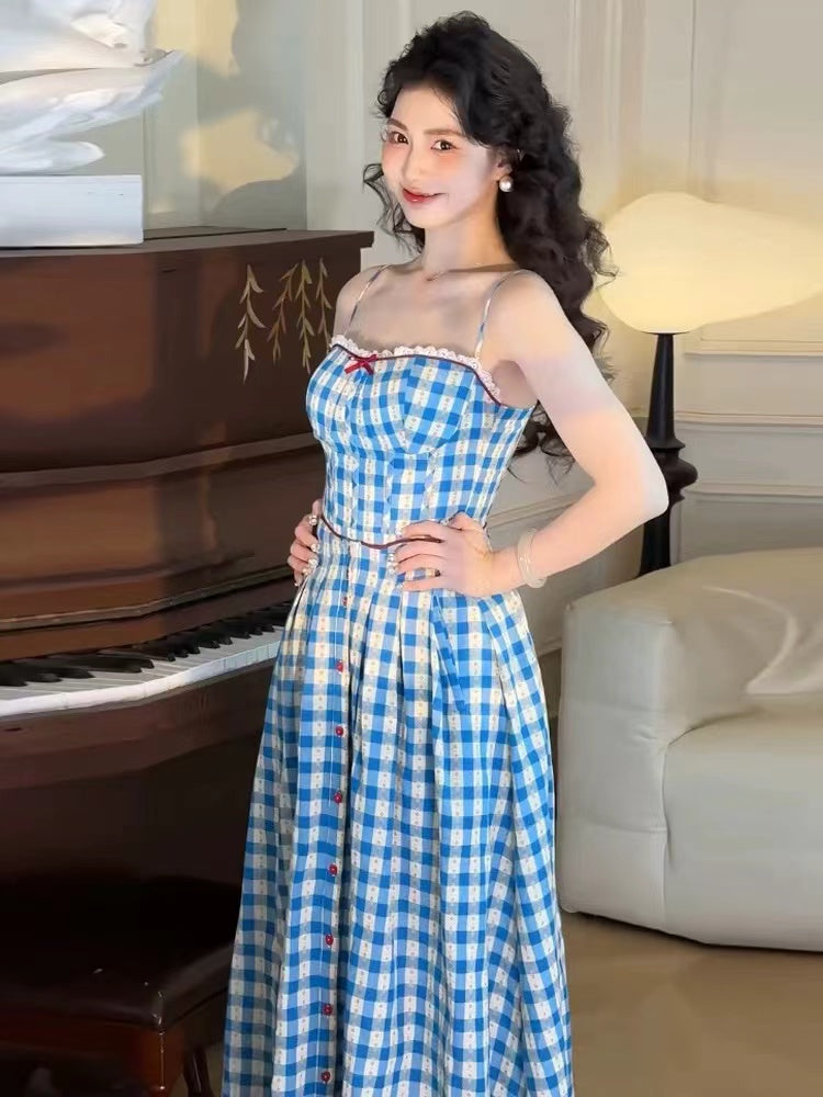 VIRGINIA BLUE PLAID STRAP MAXI DRESS