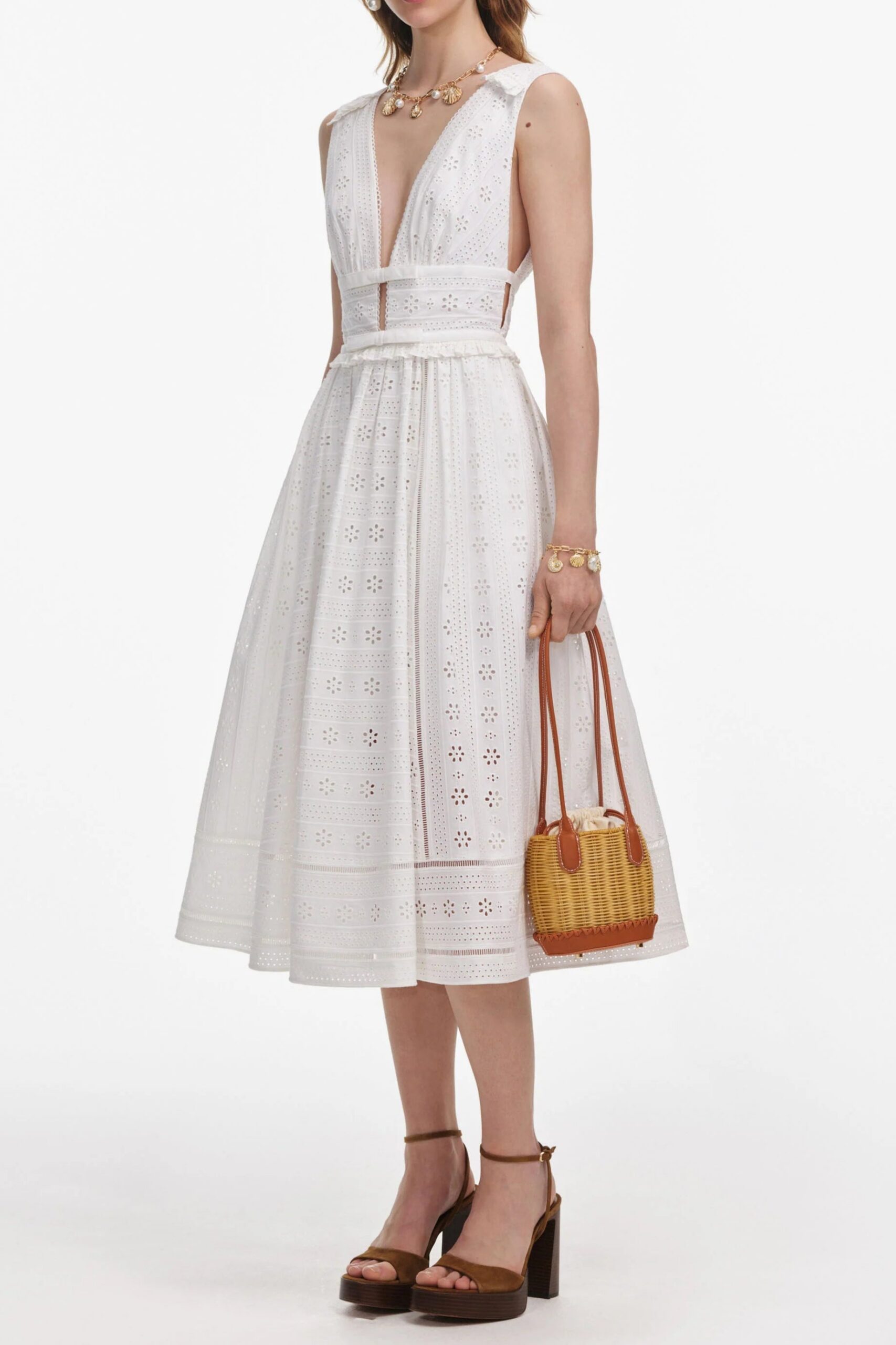 WHITE BRODERIE MIDI DRESS FOR SUMMER