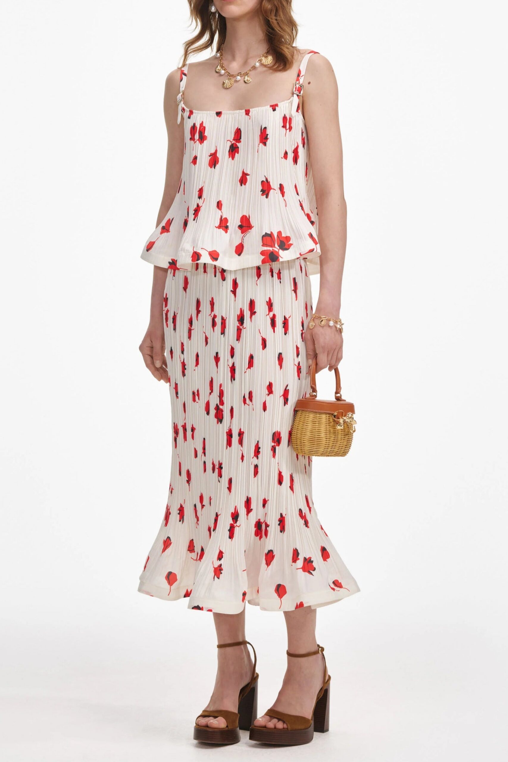 WHITE FLORAL PLISSE MIDI SKIRT FOR WEDDING GUEST
