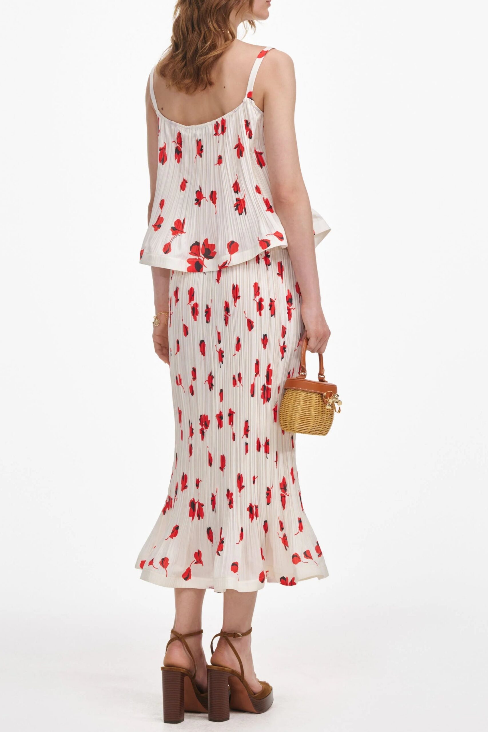 WHITE FLORAL PLISSE MIDI SKIRT FOR WEDDING GUEST