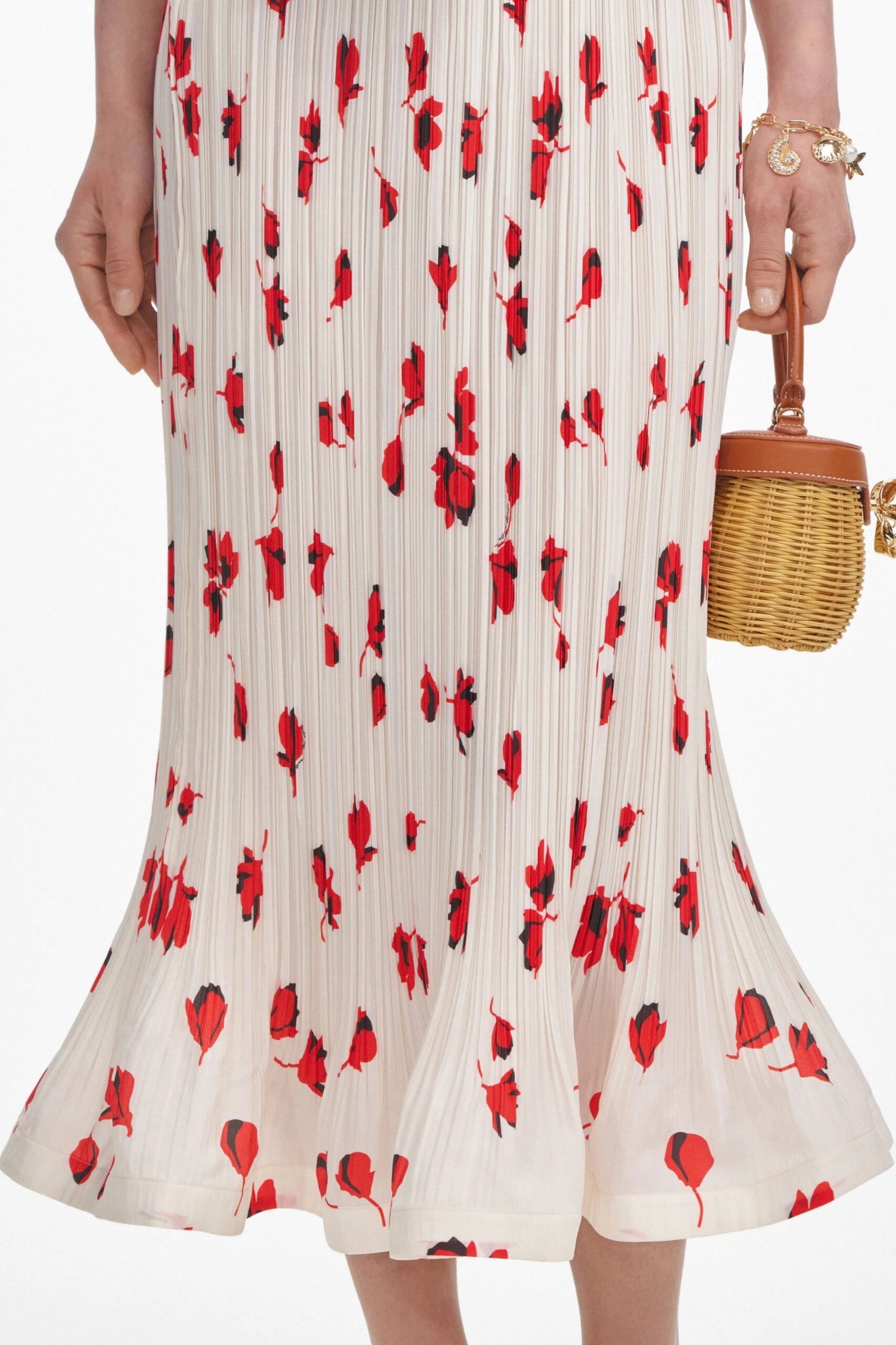 WHITE FLORAL PLISSE MIDI SKIRT FOR WEDDING GUEST