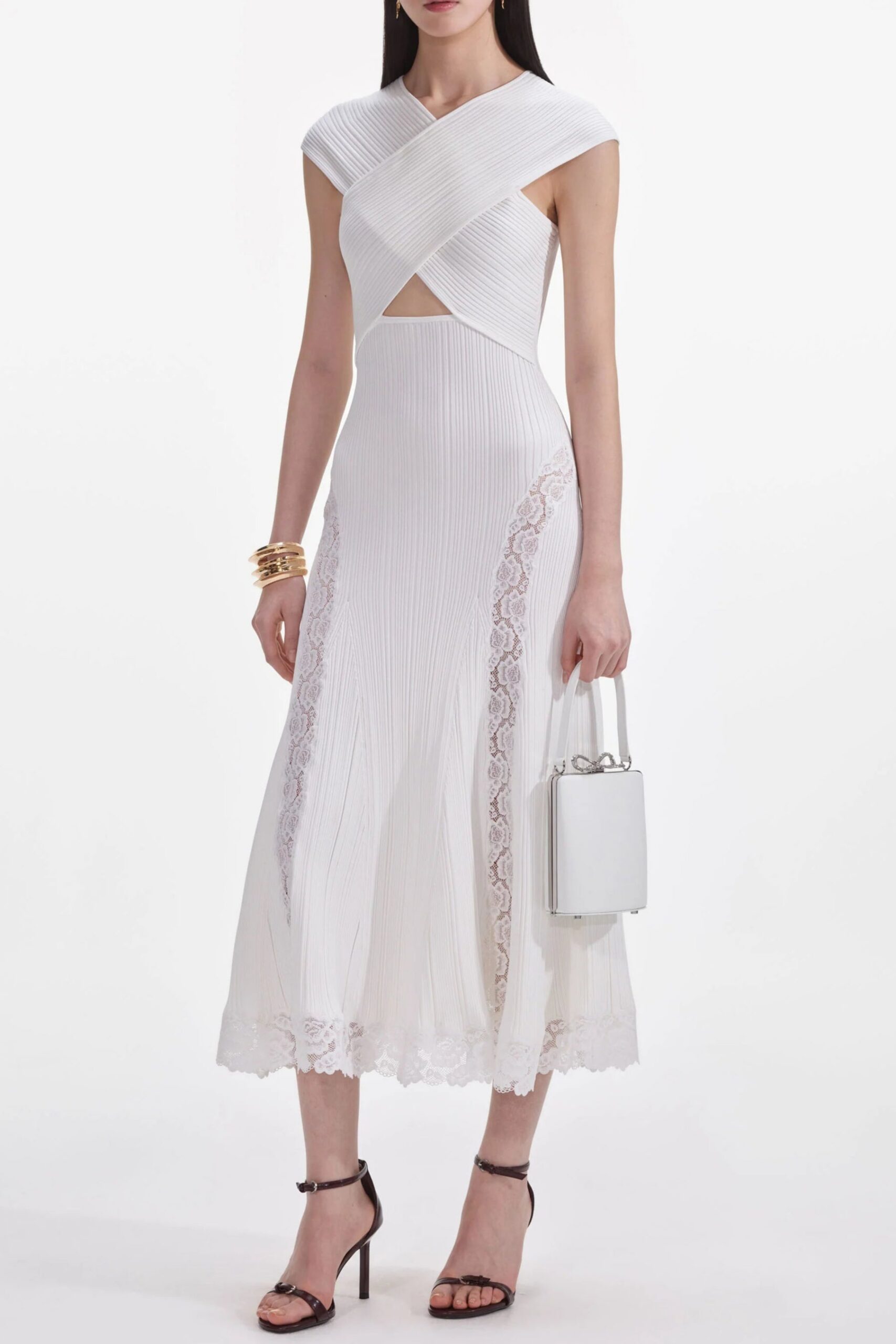 WhiteKnitLaceInsertMidiDress WHITE KNIT LACE MIDI DRESS, ELEGANT