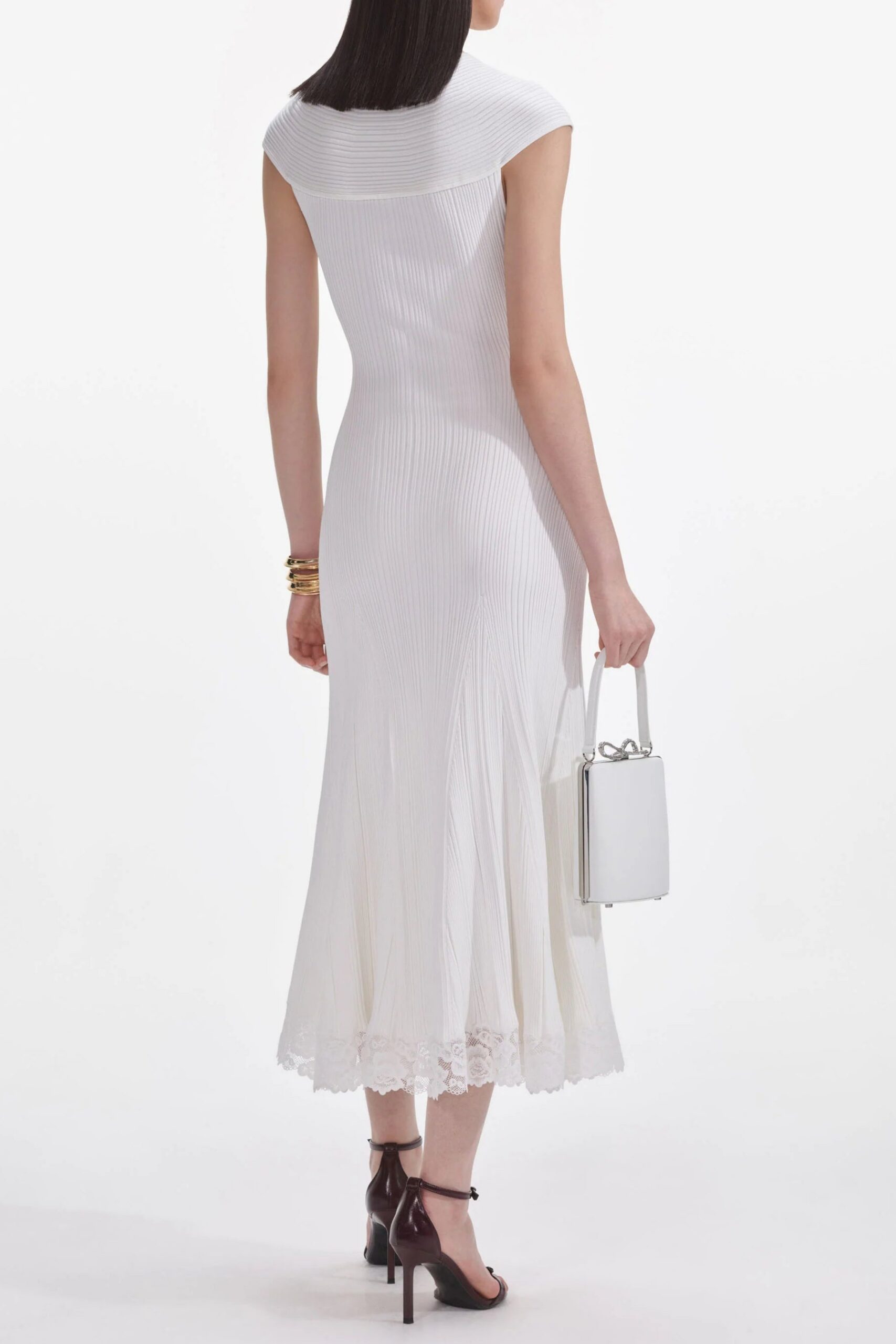 WHITE KNIT LACE MIDI DRESS, ELEGANT