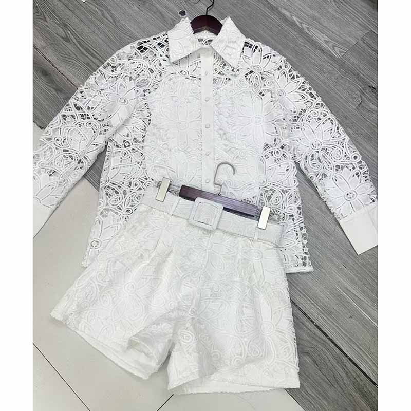 WHITE LACE HOLLOW CUT SHORTS TWO PIECE SET